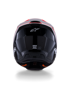 Alpinestars S-M3 Radium hjelm ECE 22.06, motocross-hjelm, blank sort med fluorød og hvide detaljer, set bagfra der viser det aerodynamiske skaldesign, hvidt stjernelogo og certificeringsmærkater.