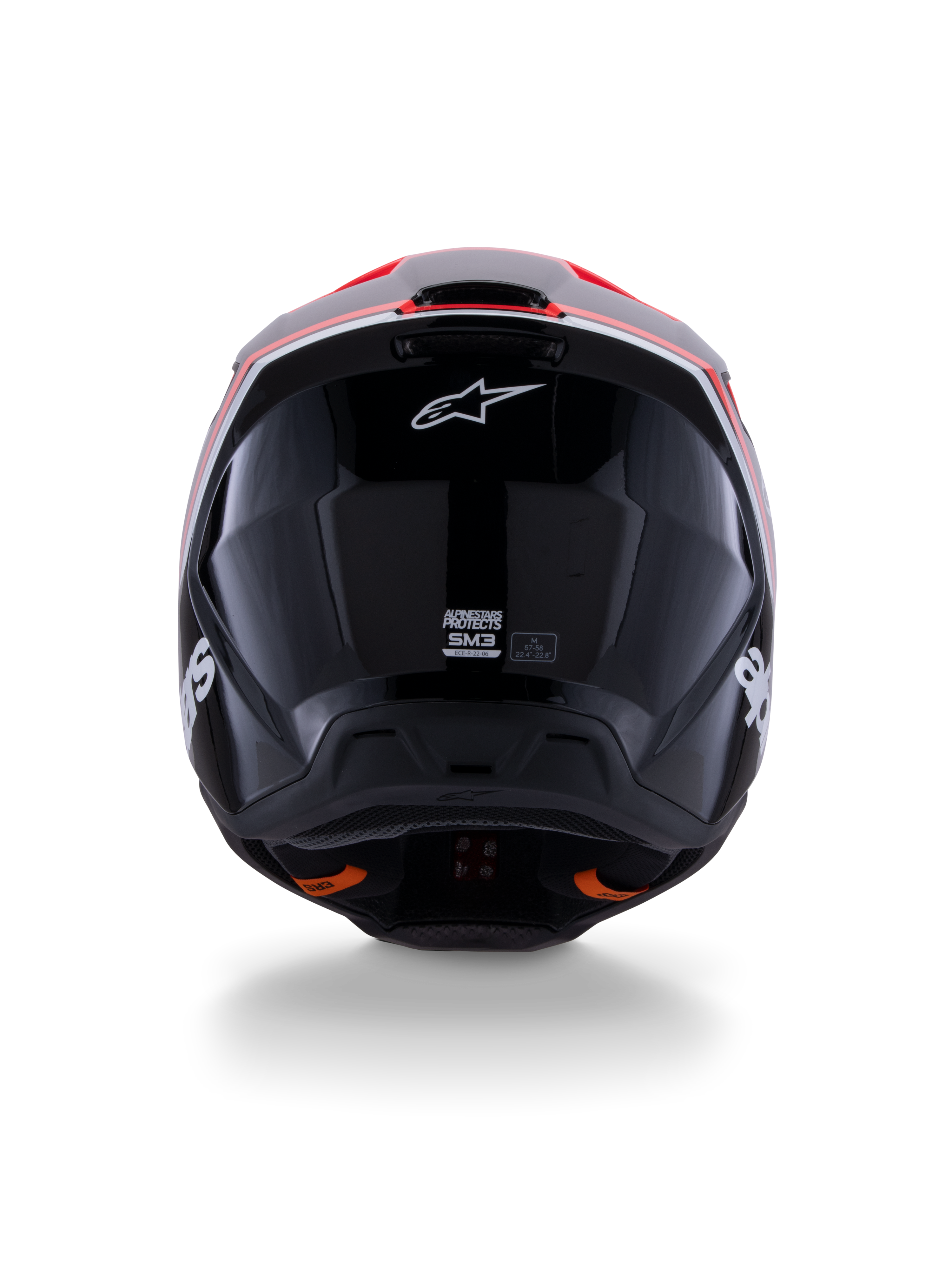 Alpinestars S-M3 Radium hjelm ECE 22.06, motocross-hjelm, blank sort med fluorød og hvide detaljer, set bagfra der viser det aerodynamiske skaldesign, hvidt stjernelogo og certificeringsmærkater.