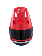 Alpinestars S-M3 Radium hjelm, motocross-hjelm, sort, rød fluo og blank hvid, set oppefra med det røde fluo-visir, hvid Alpinestars-branding og strømlinet aerodynamisk design.