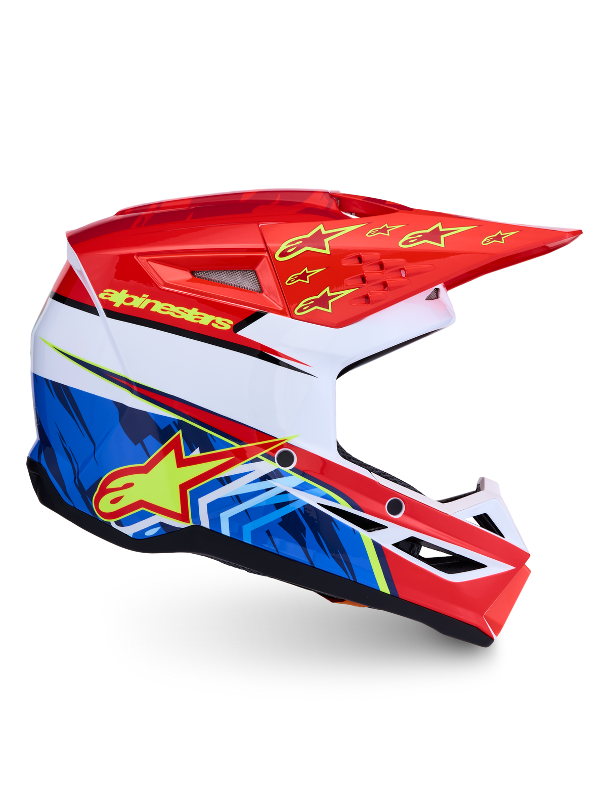 Alpinestars SM3 Falcon motocrosshjelm, rød og blå grafik, ECE 22.06-certificeret off-road-beskyttelse
