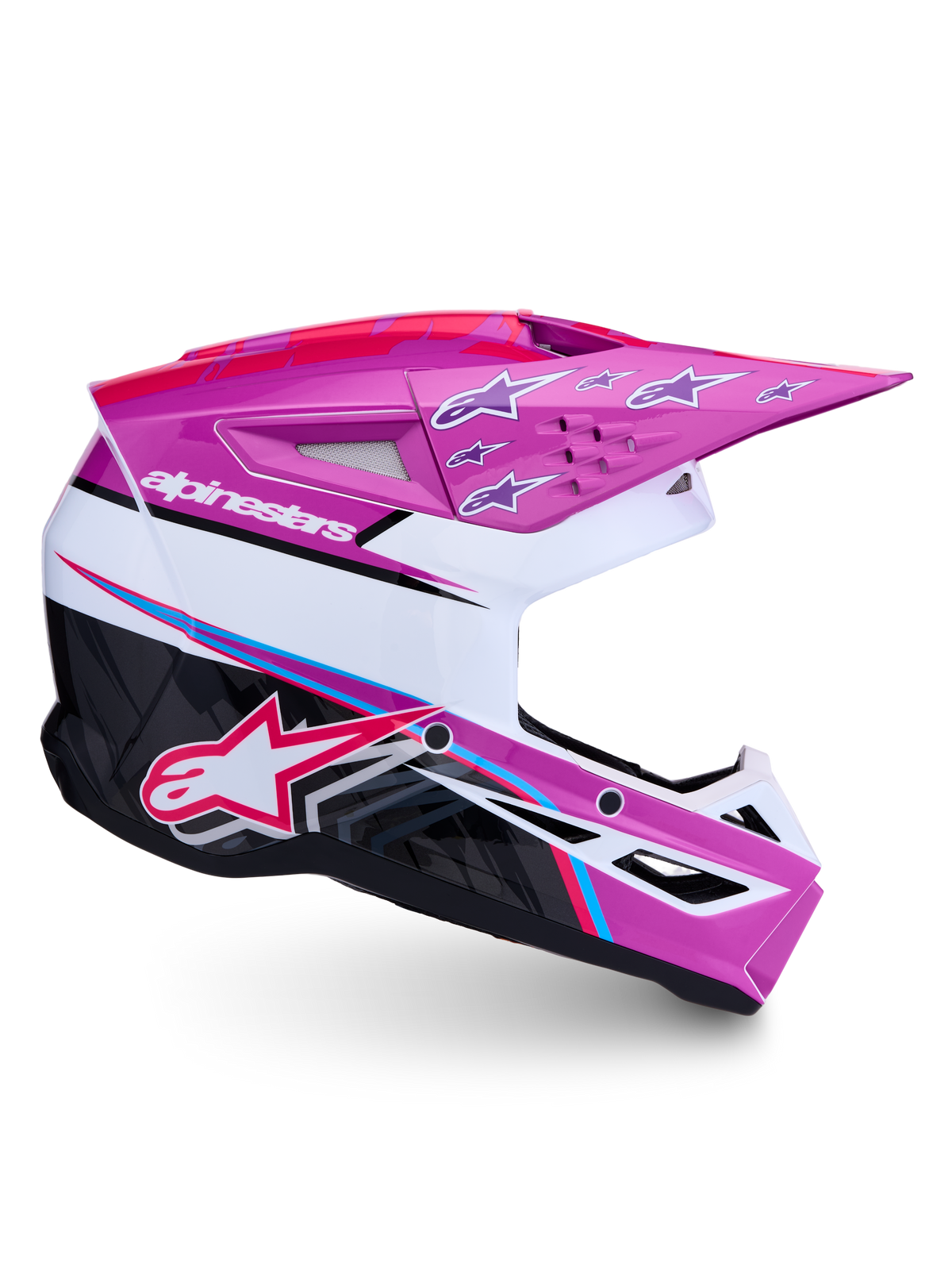 Alpinestars SM3 Falcon hjelm ECE06, lilla, hvid og sort motocrosshjelm med pink-fluo accenter, CE-certificeret, til off-road.