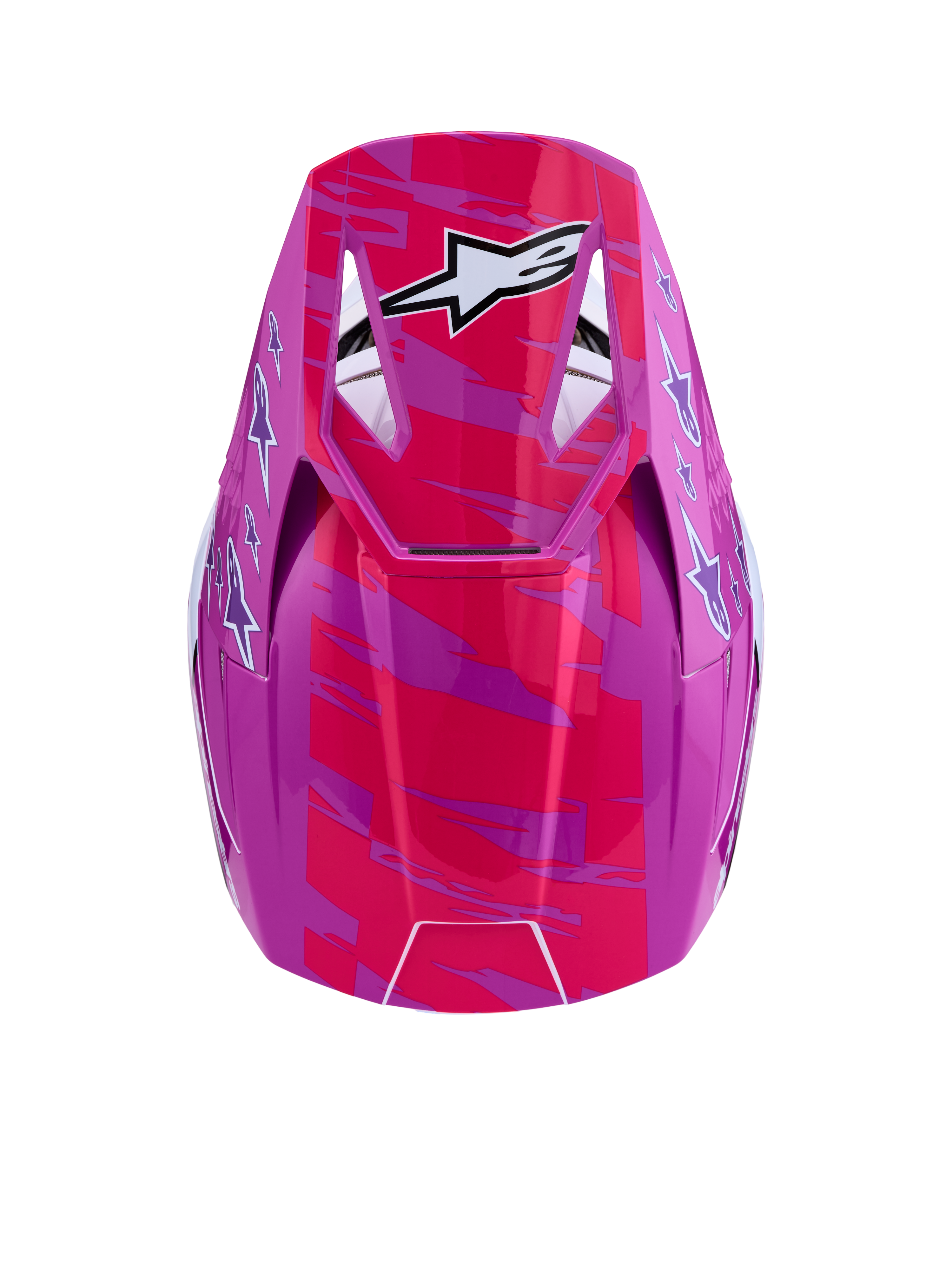 Alpinestars SM3 Falcon Helmet ECE06, glossy pink and purple motocross helmet with white star logo graphics and top visor view.