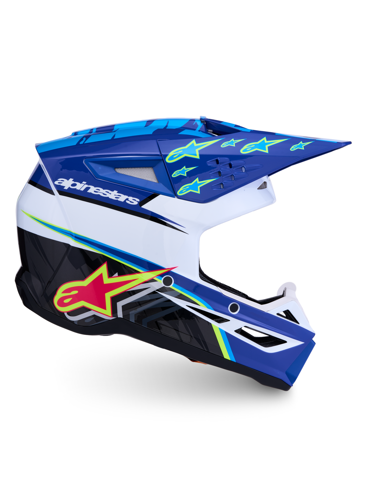 Alpinestars SM3 Falcon hjelm ECE06, blå og hvid motocrosshjelm med avanceret ventilation og stjernegrafik, ECE 2206-godkendt.