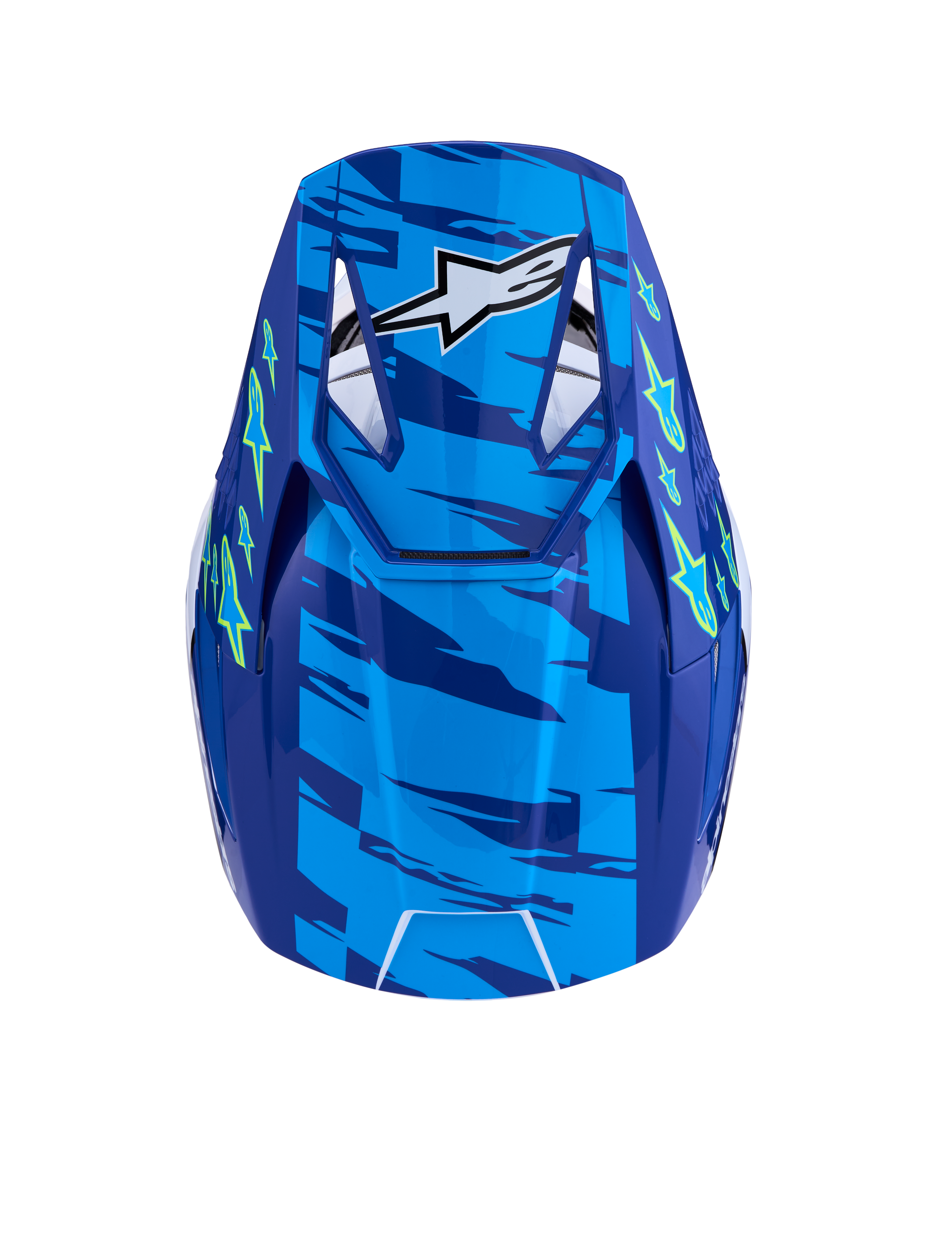 Alpinestars SM3 Falcon Helmet ECE06, Blue and Yellow Fluo Motocross Helmet, ECE 2206 certified top view with ventilated visor.