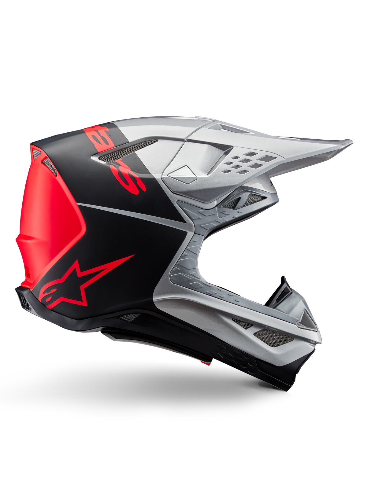 Alpinestars Supertech M10 Flood ECE 22.06 hjelm, motocrosshjelm, sølv, sort og neonorange, mat og blank finish, aerodynamisk profil med multi-komposit skal, markant branding med orange Alpinestars-logo, high-flow ventilationsporte og beskyttende visir