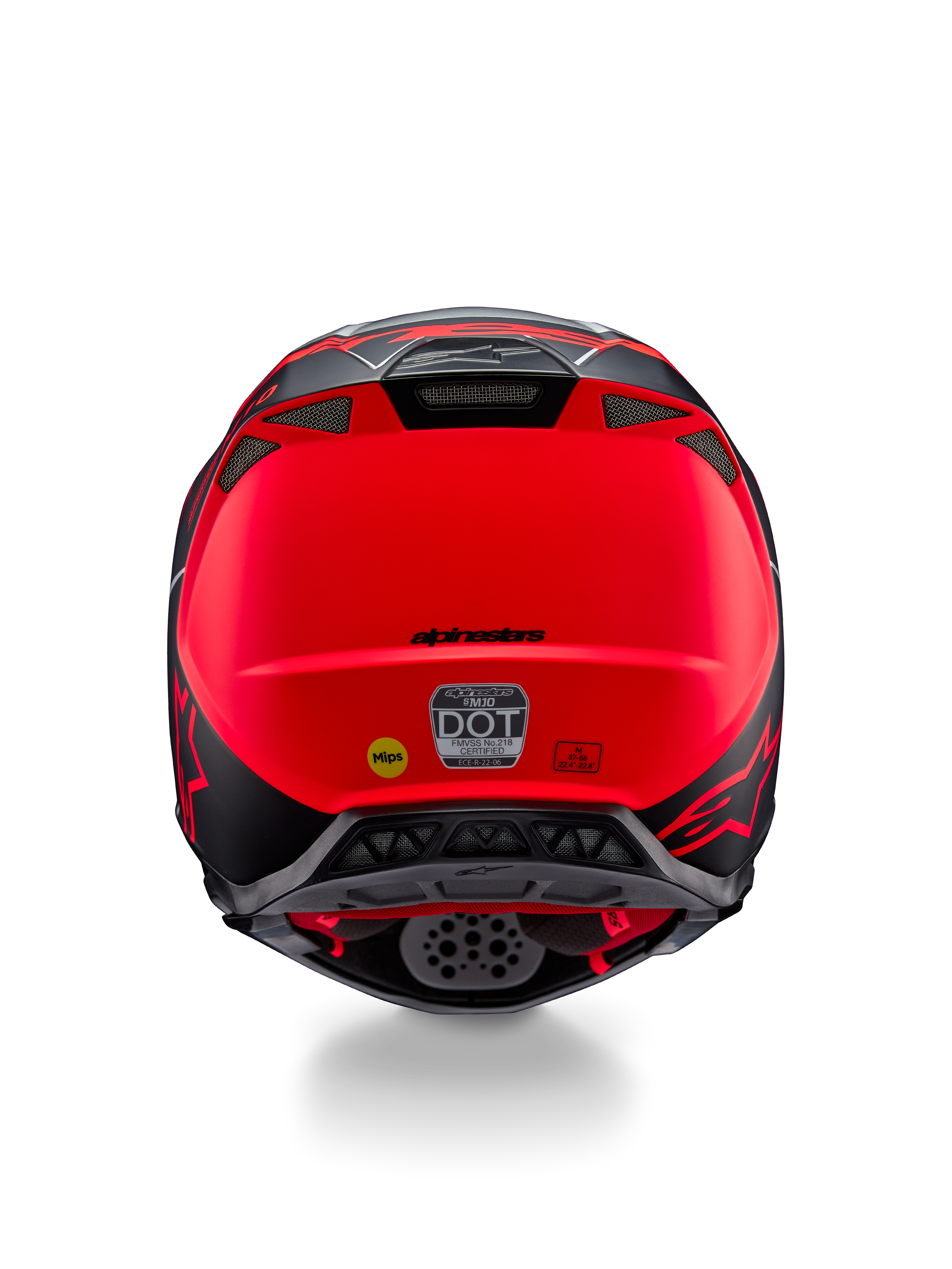 Alpinestars Supertech M10 Flood Helmet, Rear View, Silver Black and Fluorescent Orange Matte, featuring integrated exhaust vents, DOT and ECE certification stickers, yellow Mips logo, and sleek aerodynamic profile for motocross racing