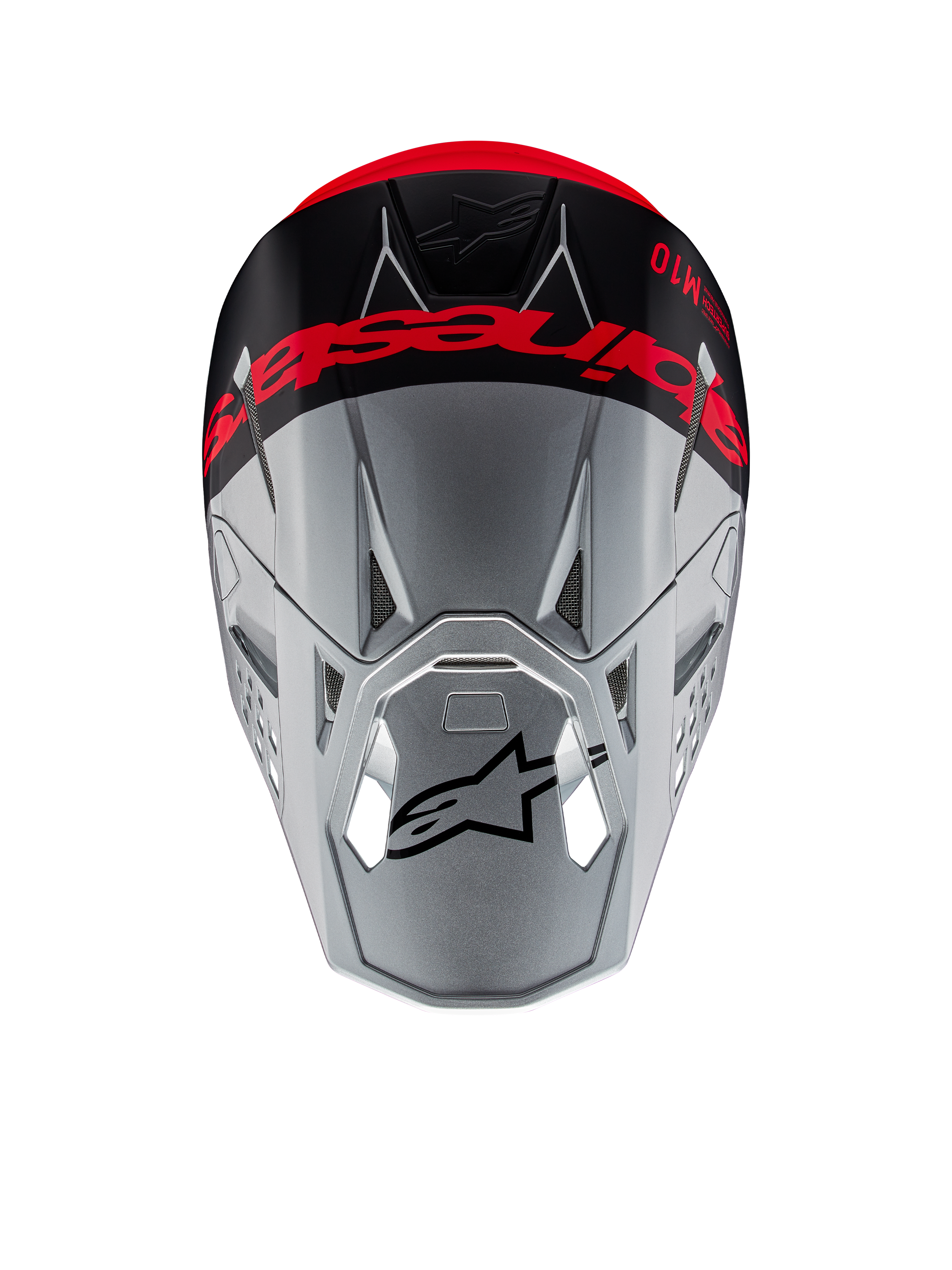 Alpinestars Supertech M10 Flood ECE 22.06 Helmet, Motocross Helmet, Silver and Black with Fluorescent Orange, top-down view showing bold branding across the crown, black Astars logo on the visor, streamlined aerodynamic profile with ventilation ports, matte and glossy textures.