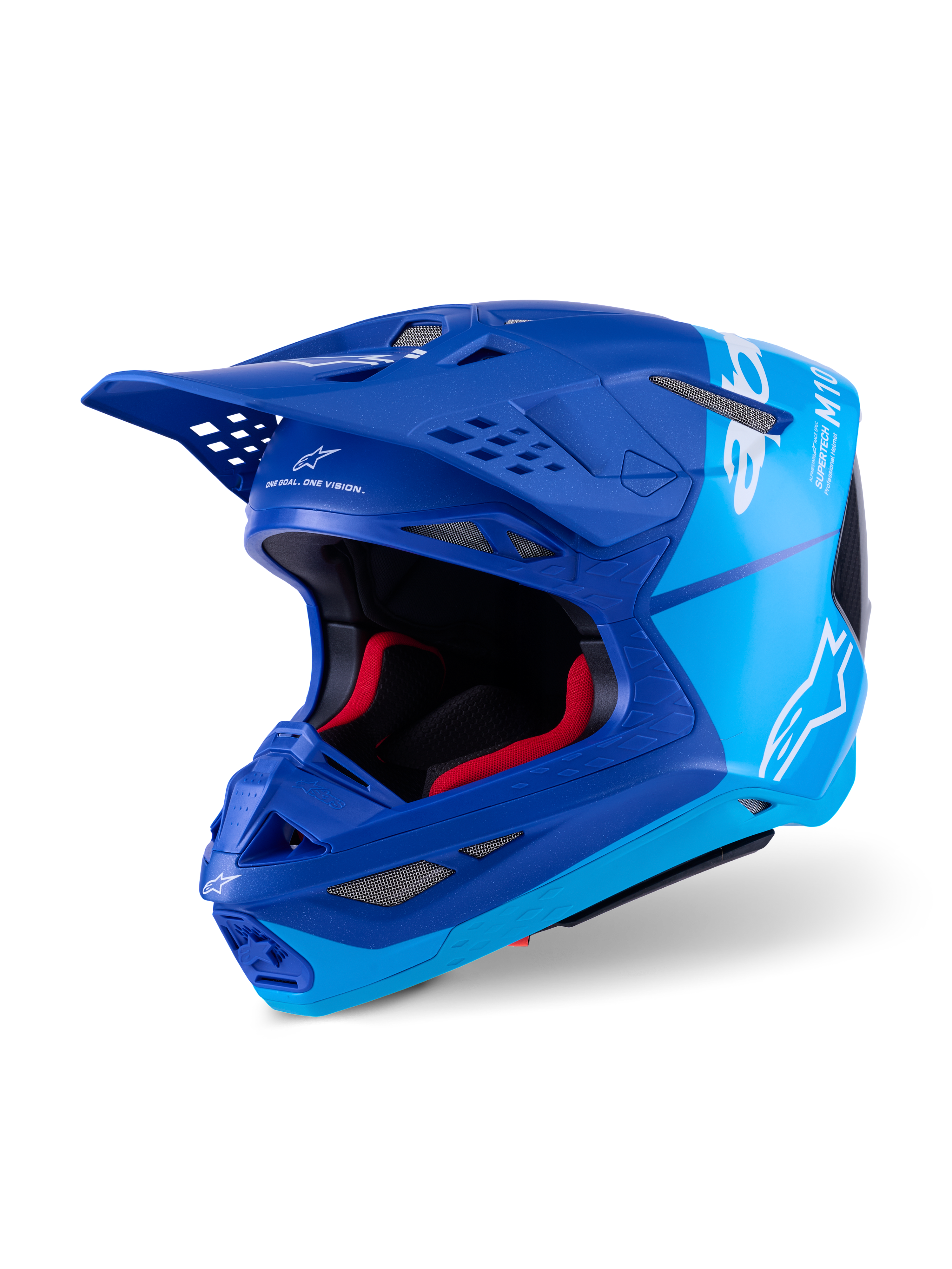 Alpinestars Supertech M10 Flood-hjelm, motocross-hjelm, metallic blå og mellemblå med sorte kulfiber-detaljer, hvide logoer og M10-branding, flere ventilationsporte og rød indvendig polstring, designet til professionel off-road ydeevne.