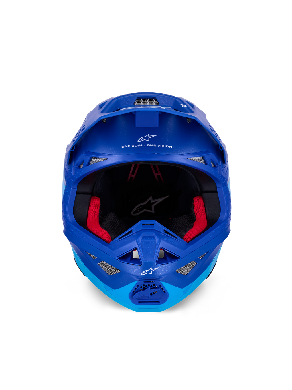 Alpinestars Supertech M10 Flood-hjelm ECE, motocross-hjelm, metallisk og mellemblå med sorte carbon-detaljer, set forfra viser hagebeskytter og synsfelt, hvide Alpinestars-logoer og tekst, rød indvendig polstring, professionel off-road-beskyttelse
