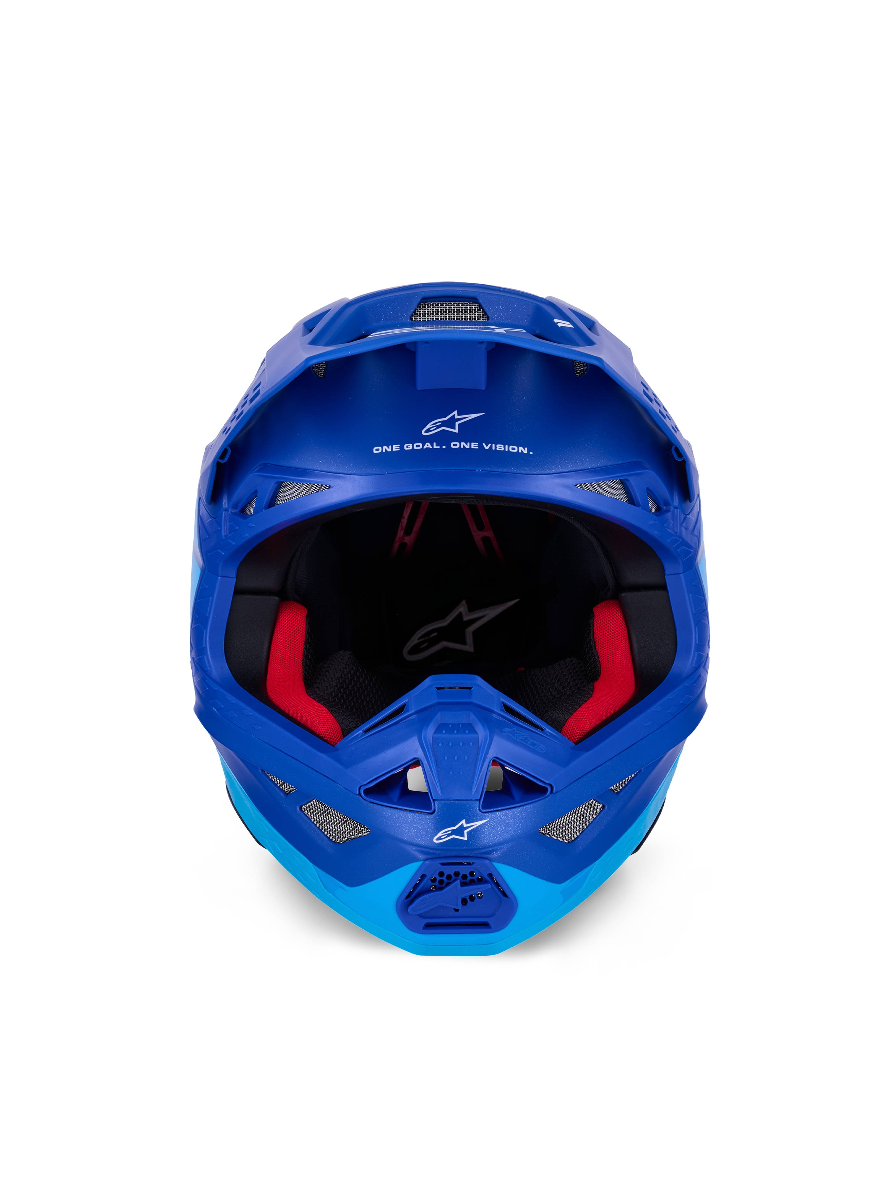 Alpinestars Supertech M10 Flood-hjelm ECE, motocross-hjelm, metallisk og mellemblå med sorte carbon-detaljer, set forfra viser hagebeskytter og synsfelt, hvide Alpinestars-logoer og tekst, rød indvendig polstring, professionel off-road-beskyttelse