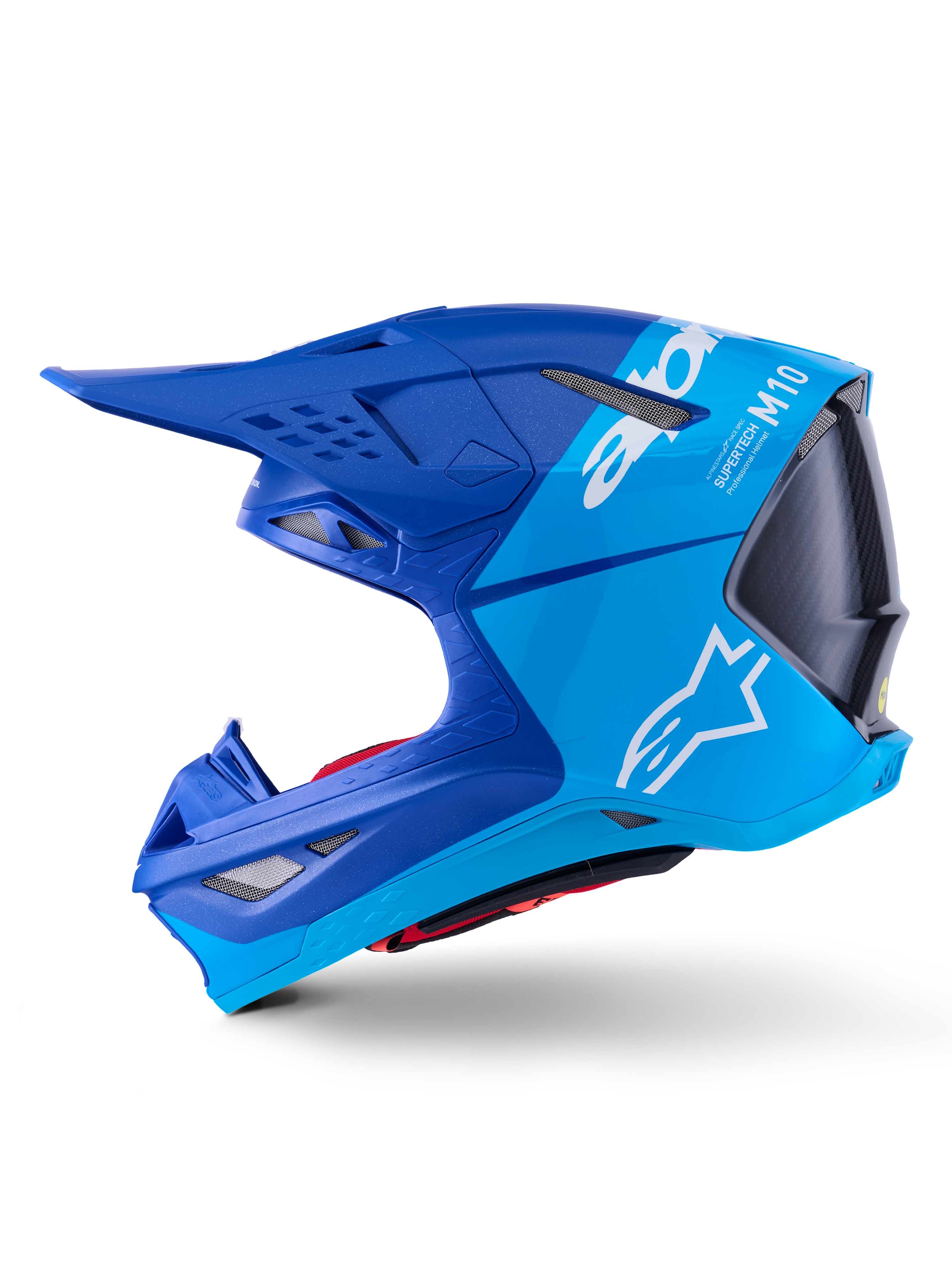 Alpinestars Supertech M10 Flood hjelm, motocross-hjelm, metallisk og medium blå med sort carbon, sideprofil der viser mat og blank finish, hvidt Alpinestars-logo og Supertech M10-branding, avanceret hovedbeskyttelse til off-road racing
