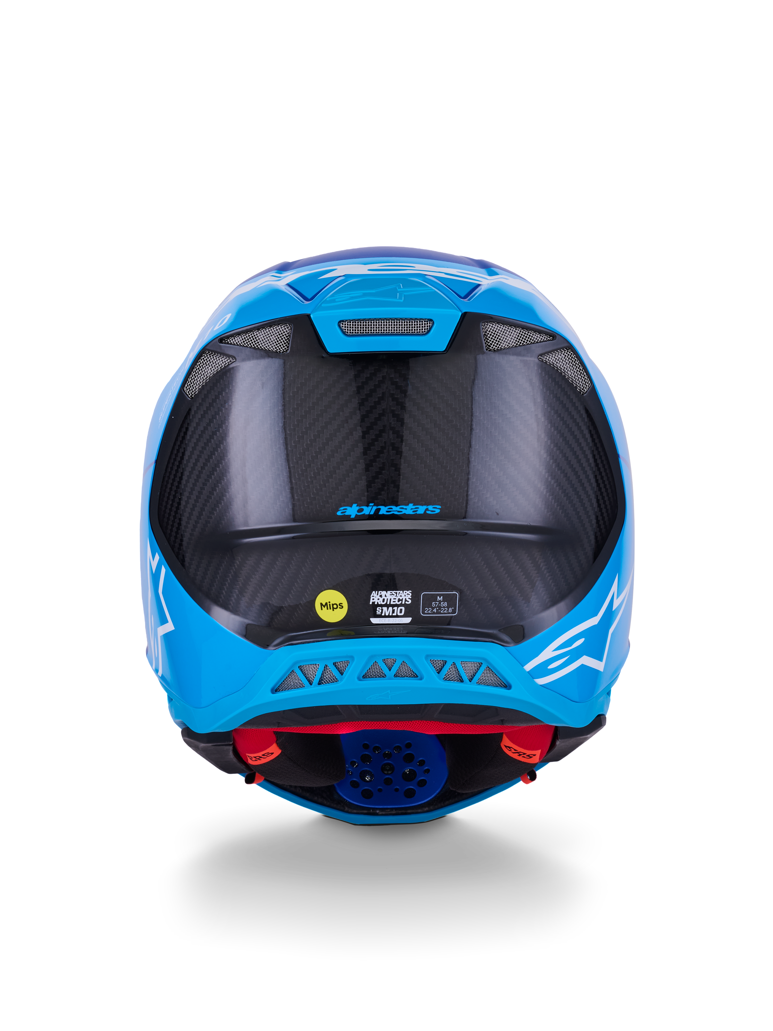Alpinestars Supertech M10 Flood-hjelm, motocross-hjelm, metallisk blå og mellemblå med sort kulfiber, set bagfra med 3K kulfiber-tekstur, hvide stjerne-logoer, MIPS-mærkat og ventilationsåbninger