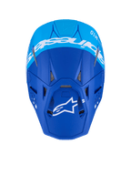 Alpinestars Supertech M10 Flood-hjelm, motocross-hjelm, mørkeblå og lyseblå, set oppefra med hvidt Alpinestars-logo og ventilationsporte, professionel off-road racinghjelm med mat finish