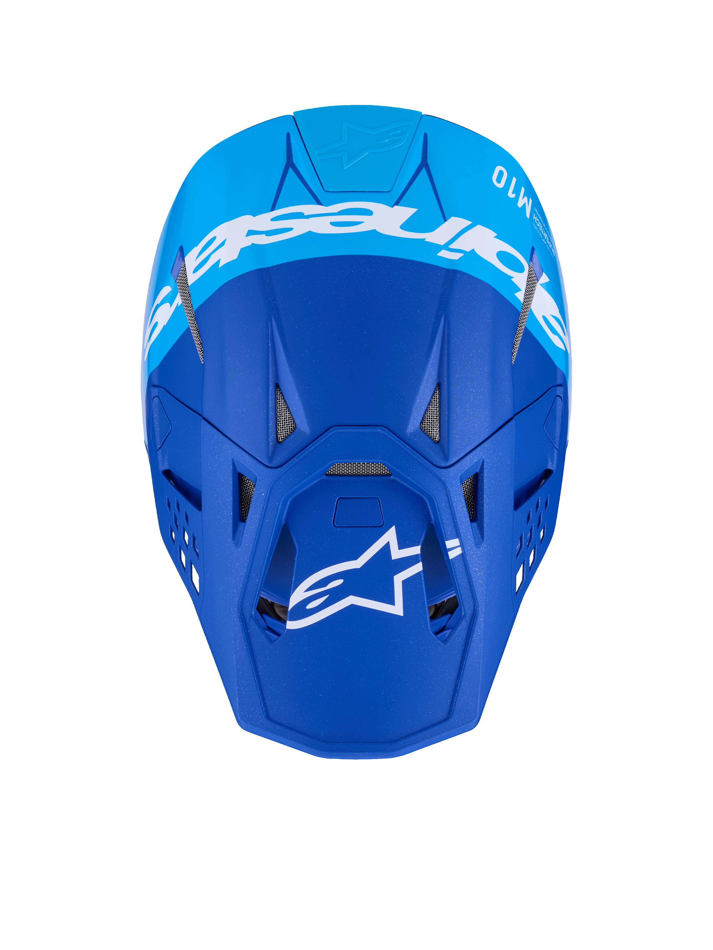 Alpinestars Supertech M10 Flood-hjelm, motocross-hjelm, mørkeblå og lyseblå, set oppefra med hvidt Alpinestars-logo og ventilationsporte, professionel off-road racinghjelm med mat finish