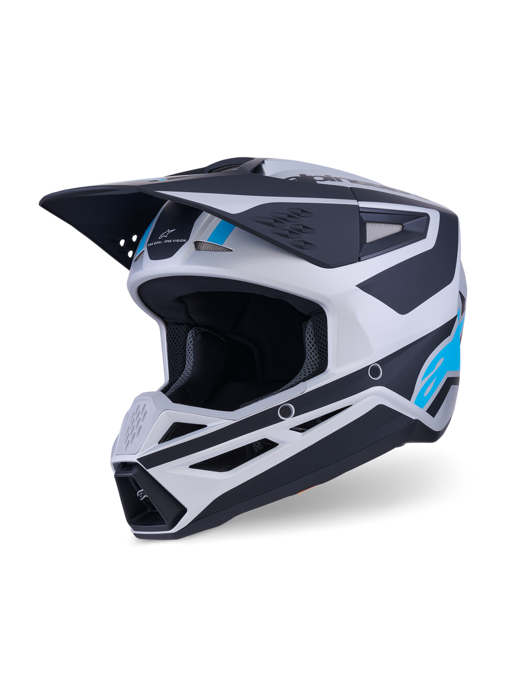 Alpinestars S-M3 Heat Helmet, Motocross Helmet, Silver Blue and Black Matte, featuring an aerodynamic visor, multiple ventilation ports, and bold graphic accents, off-road motorcycle protective gear