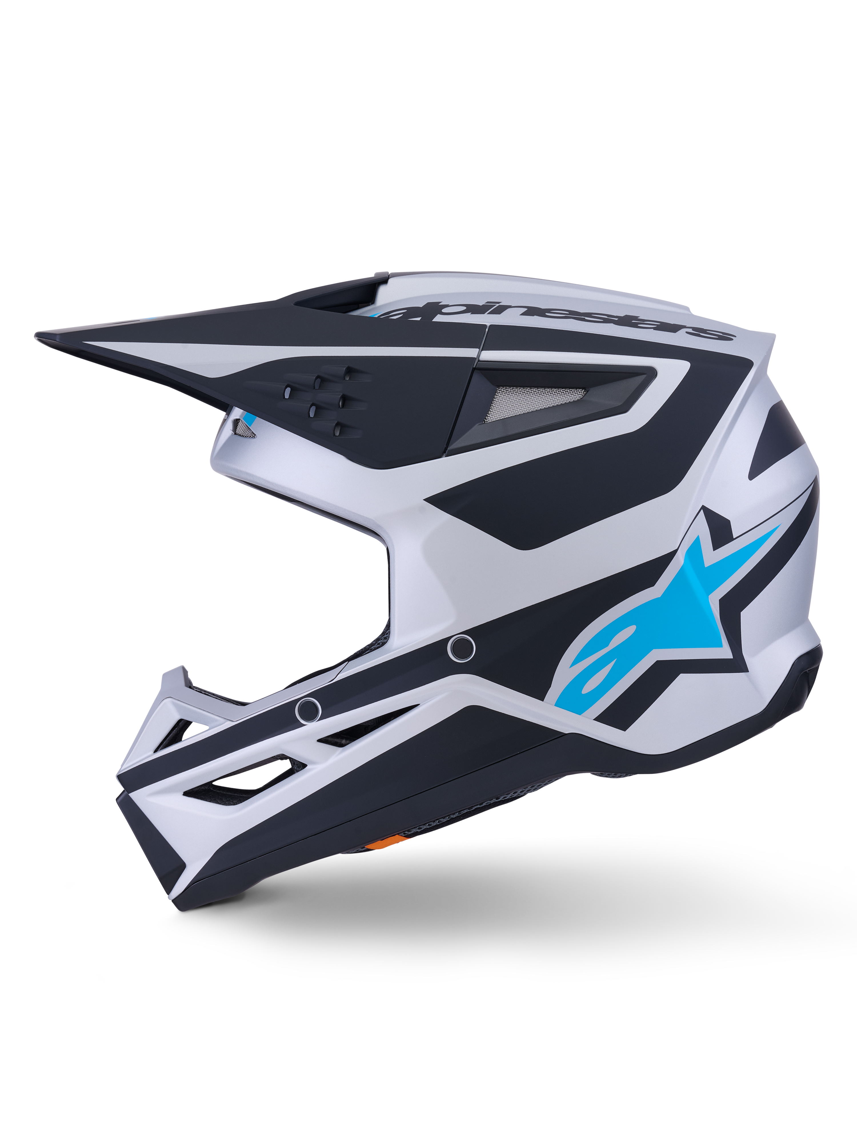 Alpinestars S-M3 Heat Helmet ECE 22.06, Motocross Helmet, Silver Blue and Black Matte finish, side profile view, featuring a bright blue Alpinestars star logo, black visor, and multiple ventilation ports, aggressive aerodynamic design for off-road racing
