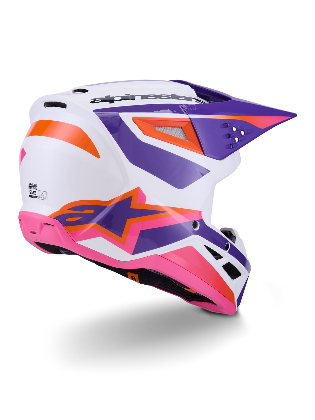 Alpinestars S-M3 Heat hjelm ECE 22.06, motocross-hjelm, hvid med lilla, lyserøde og orange detaljer, set bagfra fra siden med ventilationsporte og markant stjernelogo, blank finish til off-road kørsel