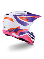 Alpinestars S-M3 Heat hjelm ECE 22.06, motocross-hjelm, hvid med lilla, lyserøde og orange detaljer, set bagfra fra siden med ventilationsporte og markant stjernelogo, blank finish til off-road kørsel