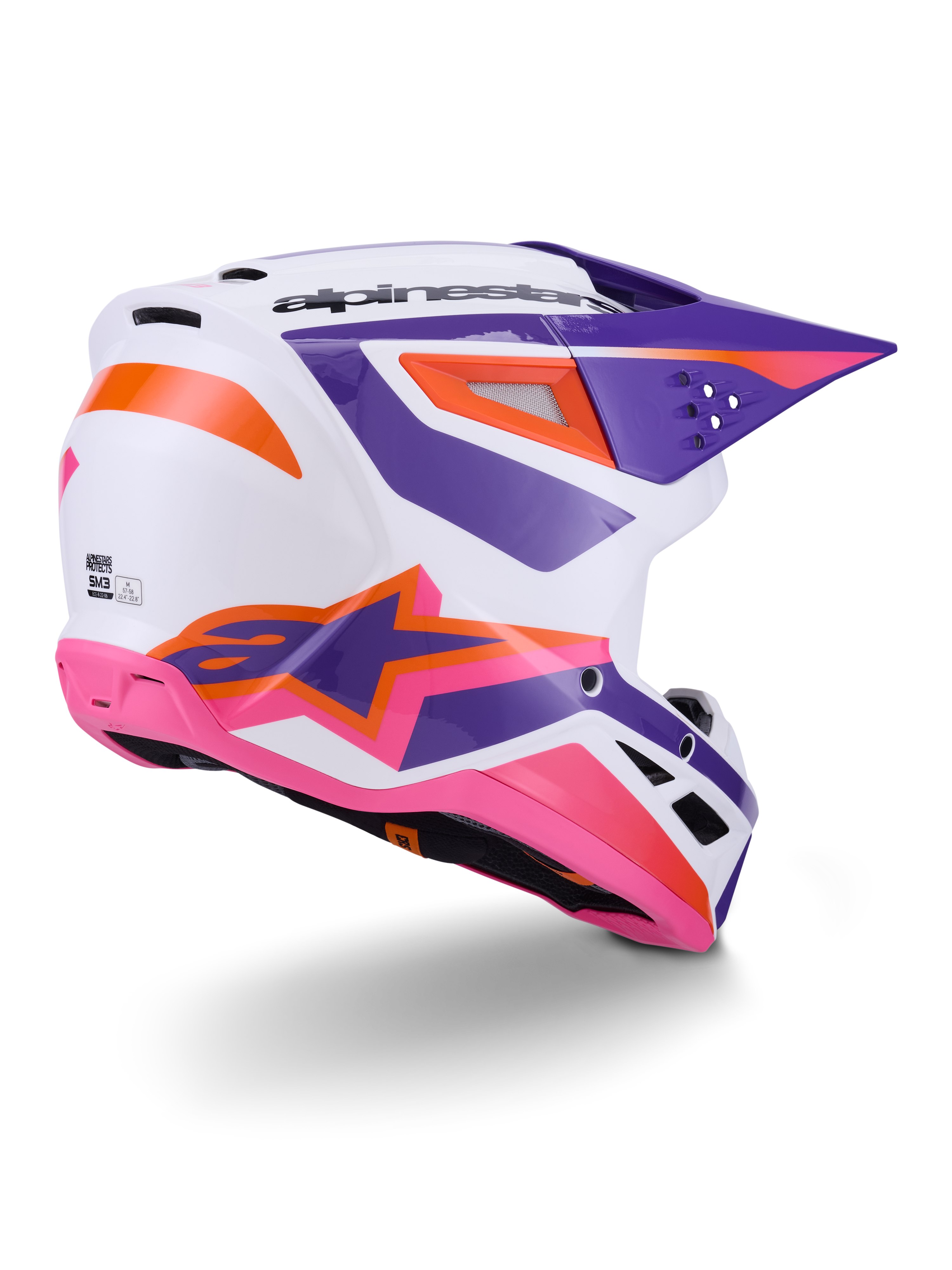 Alpinestars S-M3 Heat hjelm ECE 22.06, motocross-hjelm, hvid med lilla, lyserøde og orange detaljer, set bagfra fra siden med ventilationsporte og markant stjernelogo, blank finish til off-road kørsel