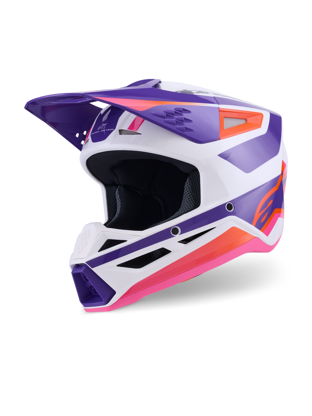 Alpinestars S-M3 Heat hjelm ECE 22.06, motocross-hjelm, blank hvid, lilla og pink, trefjerdedels visning forfra med markant geometrisk grafik, ventileret hageparti og aerodynamisk skygge, off-road racerbeskyttelse