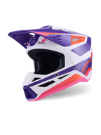 Alpinestars S-M3 Heat hjelm ECE 22.06, motocross-hjelm, blank hvid, lilla og pink, trefjerdedels visning forfra med markant geometrisk grafik, ventileret hageparti og aerodynamisk skygge, off-road racerbeskyttelse