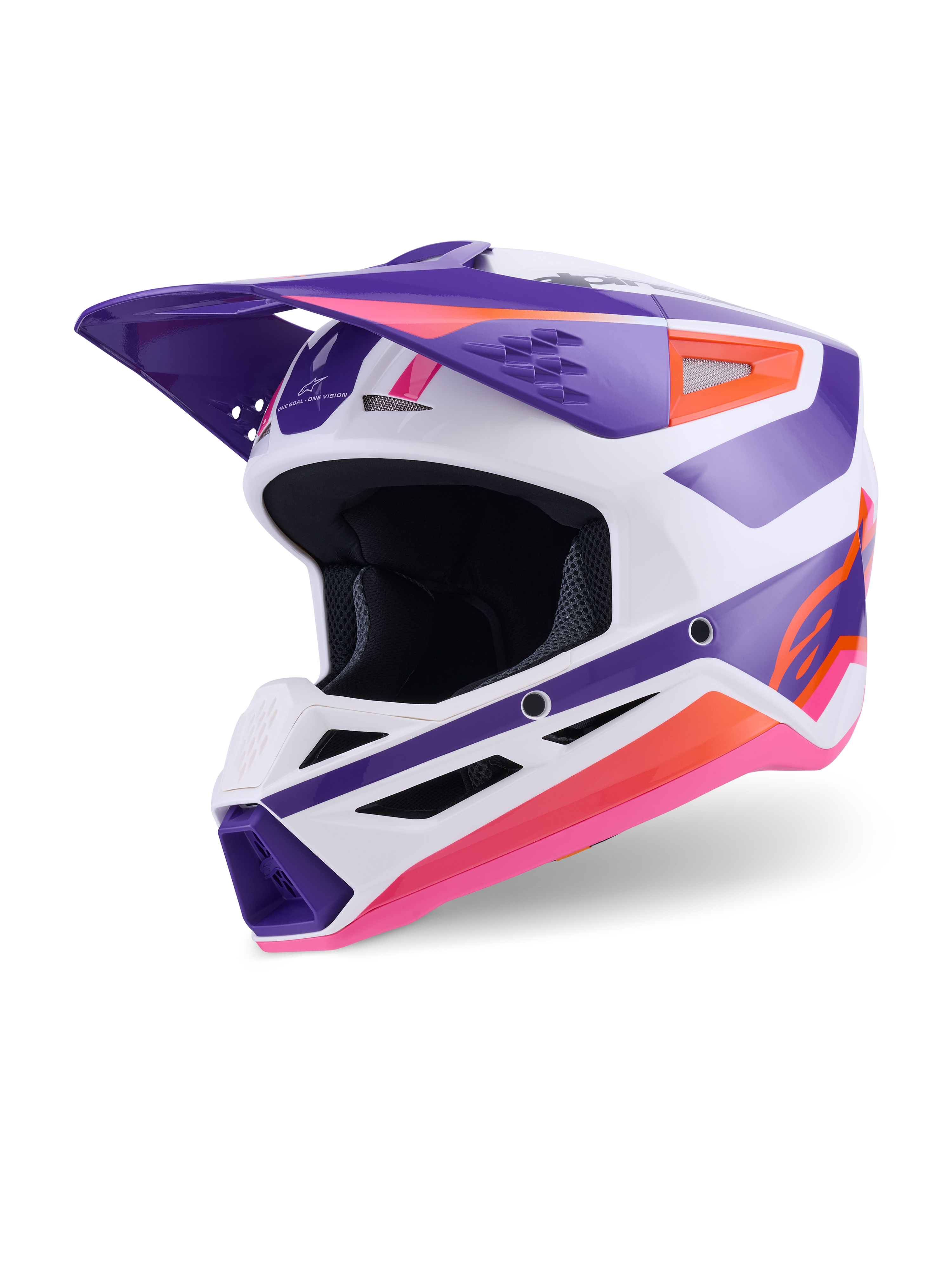 Alpinestars S-M3 Heat hjelm ECE 22.06, motocross-hjelm, blank hvid, lilla og pink, trefjerdedels visning forfra med markant geometrisk grafik, ventileret hageparti og aerodynamisk skygge, off-road racerbeskyttelse