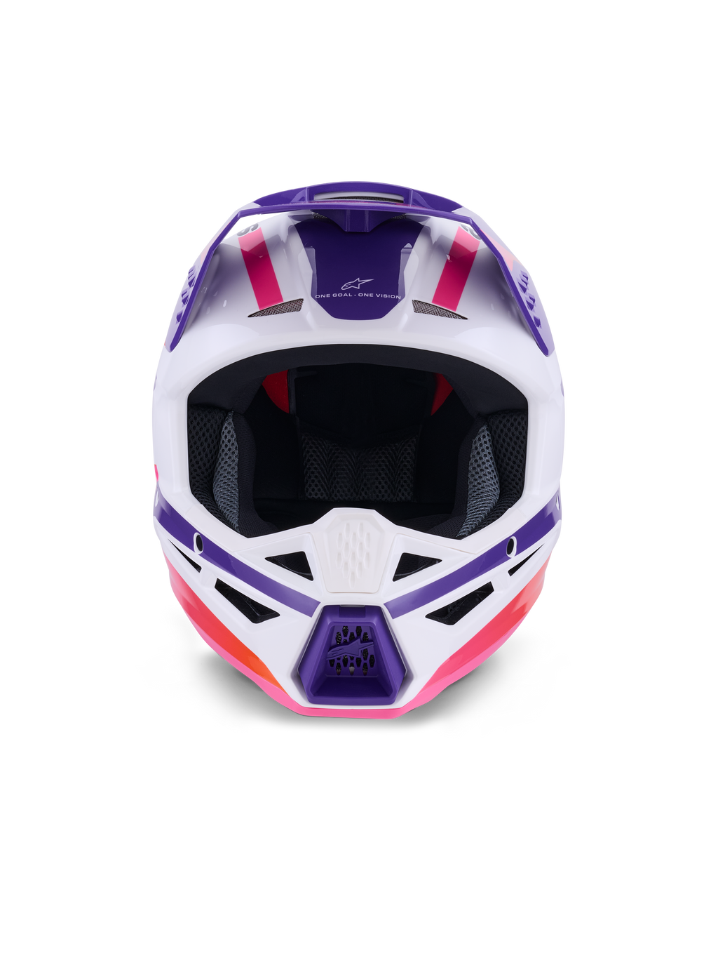 Alpinestars S-M3 Heat hjelm ECE 22.06, motocrosshjelm, hvid, lilla og pink glossy, set forfra med ventilationsåbninger og markant geometrisk grafik, professionel hovedbeskyttelse til off-road racing