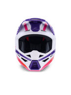 Alpinestars S-M3 Heat hjelm ECE 22.06, motocrosshjelm, hvid, lilla og pink glossy, set forfra med ventilationsåbninger og markant geometrisk grafik, professionel hovedbeskyttelse til off-road racing