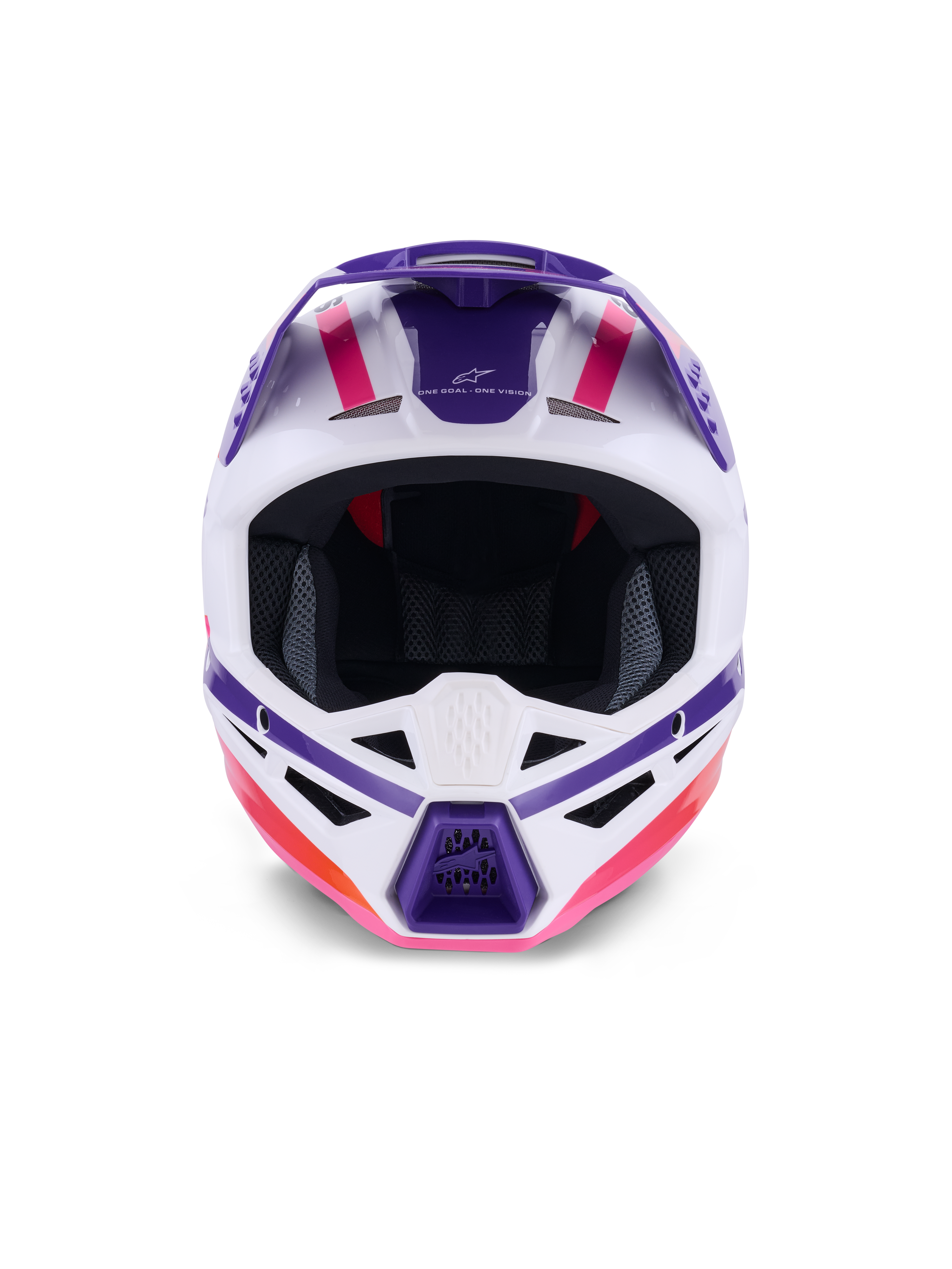 Alpinestars S-M3 Heat hjelm ECE 22.06, motocrosshjelm, hvid, lilla og pink glossy, set forfra med ventilationsåbninger og markant geometrisk grafik, professionel hovedbeskyttelse til off-road racing