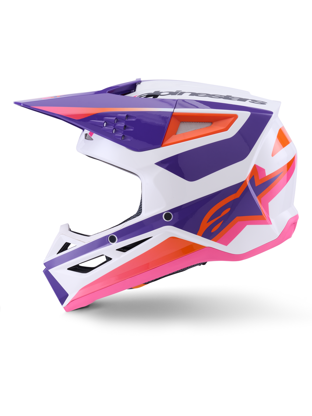 Alpinestars S-M3 Heat Hjelm ECE 22.06, motocross-hjelm, hvid, lilla og lyserød blank finish med orange detaljer, sideprofil der viser vinklet grafisk design, ventilationsindtag og blank finish til off-road racing