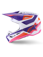 Alpinestars S-M3 Heat Hjelm ECE 22.06, motocross-hjelm, hvid, lilla og lyserød blank finish med orange detaljer, sideprofil der viser vinklet grafisk design, ventilationsindtag og blank finish til off-road racing