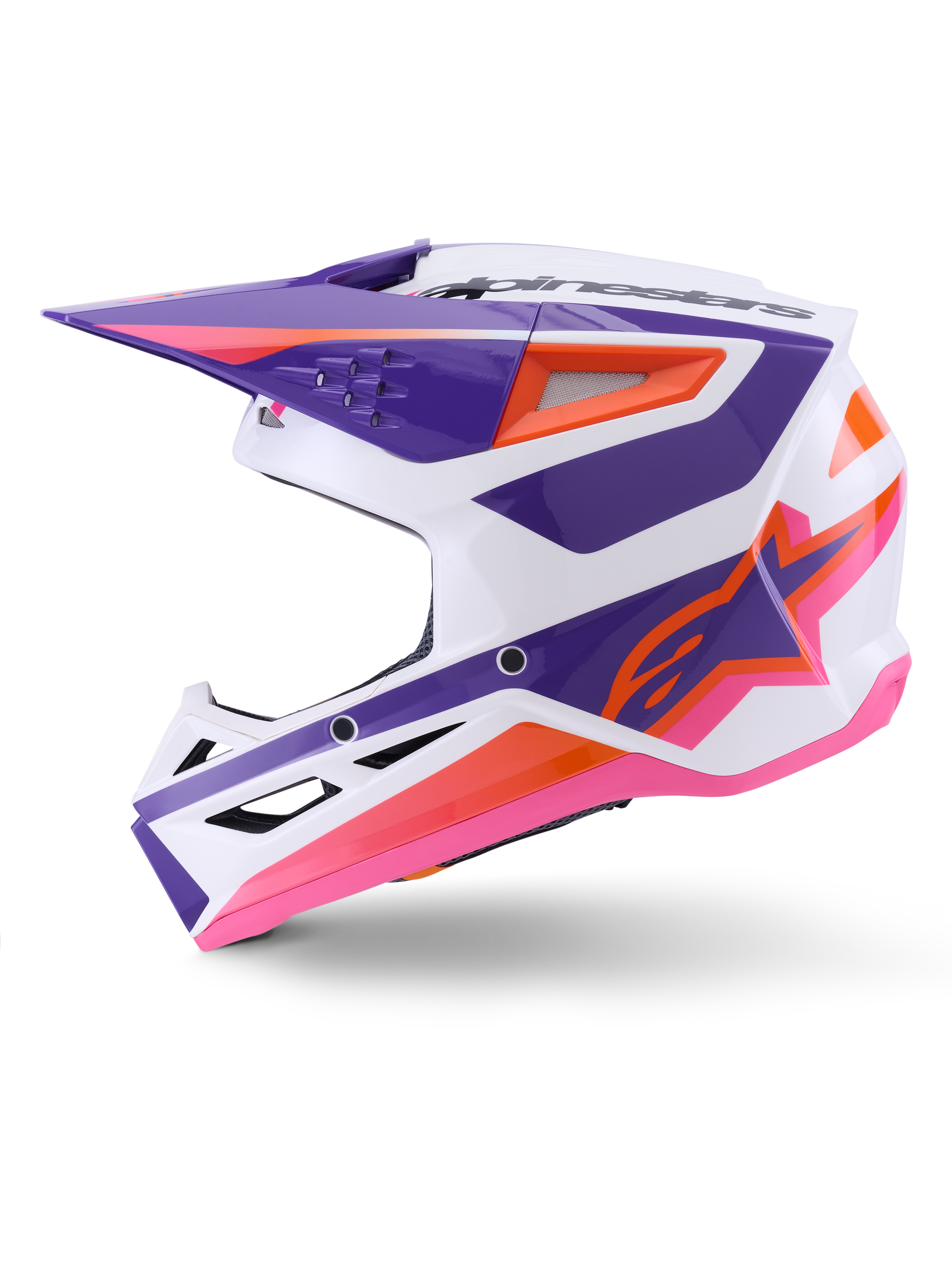 Alpinestars S-M3 Heat Hjelm ECE 22.06, motocross-hjelm, hvid, lilla og lyserød blank finish med orange detaljer, sideprofil der viser vinklet grafisk design, ventilationsindtag og blank finish til off-road racing