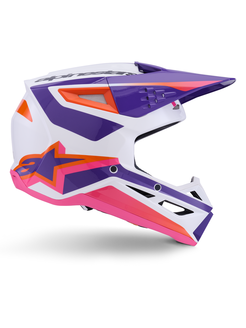 Alpinestars S-M3 Heat hjelm ECE 22.06, motocrosshjelm, hvid, lilla og pink blank, med livlige lilla og pink grafikker og orange detaljer, sidevisning med Astar-logo og ventileret design til terrænkørsel