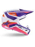 Alpinestars S-M3 Heat hjelm ECE 22.06, motocrosshjelm, hvid, lilla og pink blank, med livlige lilla og pink grafikker og orange detaljer, sidevisning med Astar-logo og ventileret design til terrænkørsel