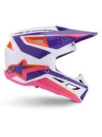 Alpinestars S-M3 Heat hjelm ECE 22.06, motocrosshjelm, hvid, lilla og pink blank, med livlige lilla og pink grafikker og orange detaljer, sidevisning med Astar-logo og ventileret design til terrænkørsel