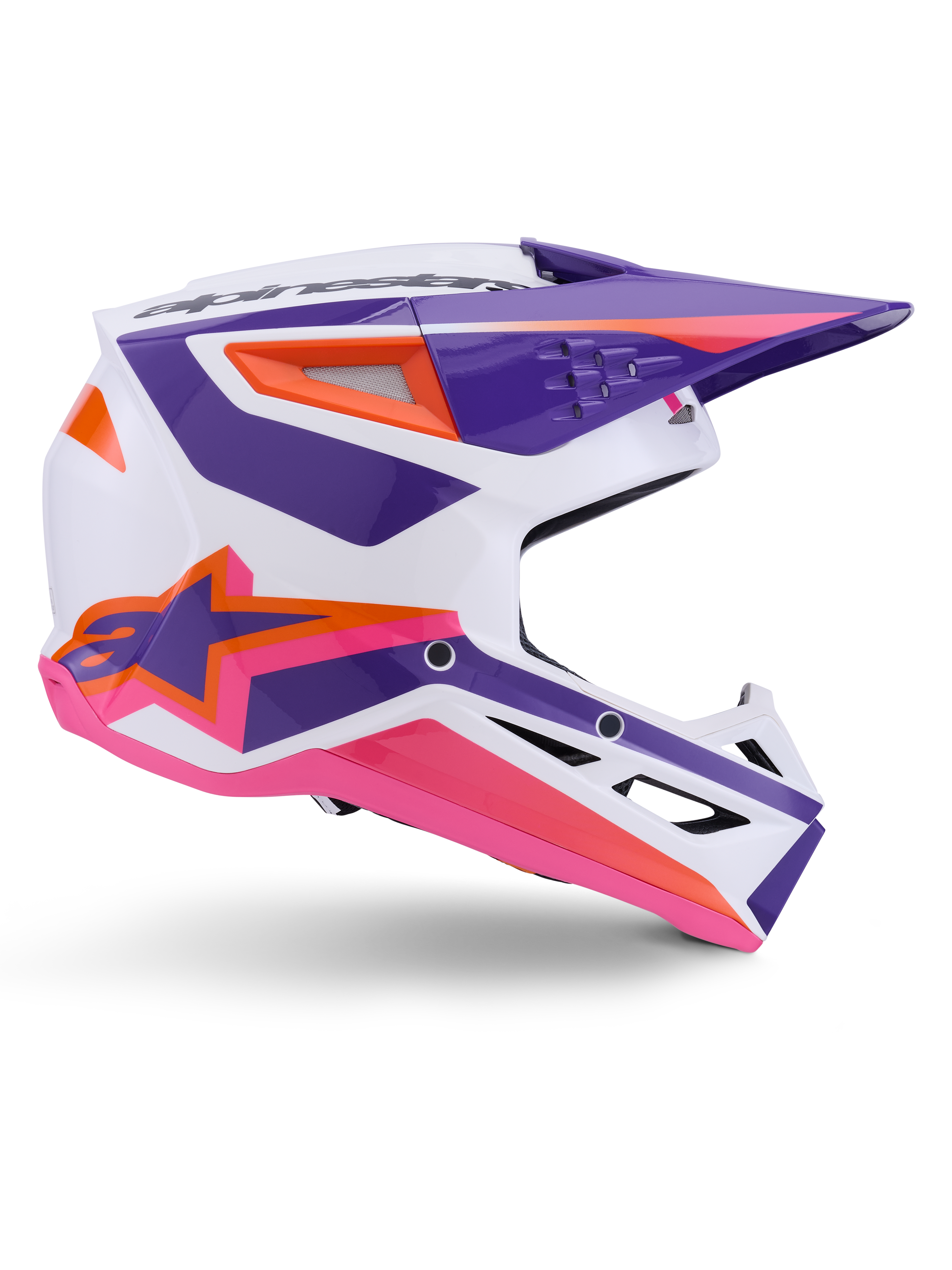Alpinestars S-M3 Heat hjelm ECE 22.06, motocrosshjelm, hvid, lilla og pink blank, med livlige lilla og pink grafikker og orange detaljer, sidevisning med Astar-logo og ventileret design til terrænkørsel