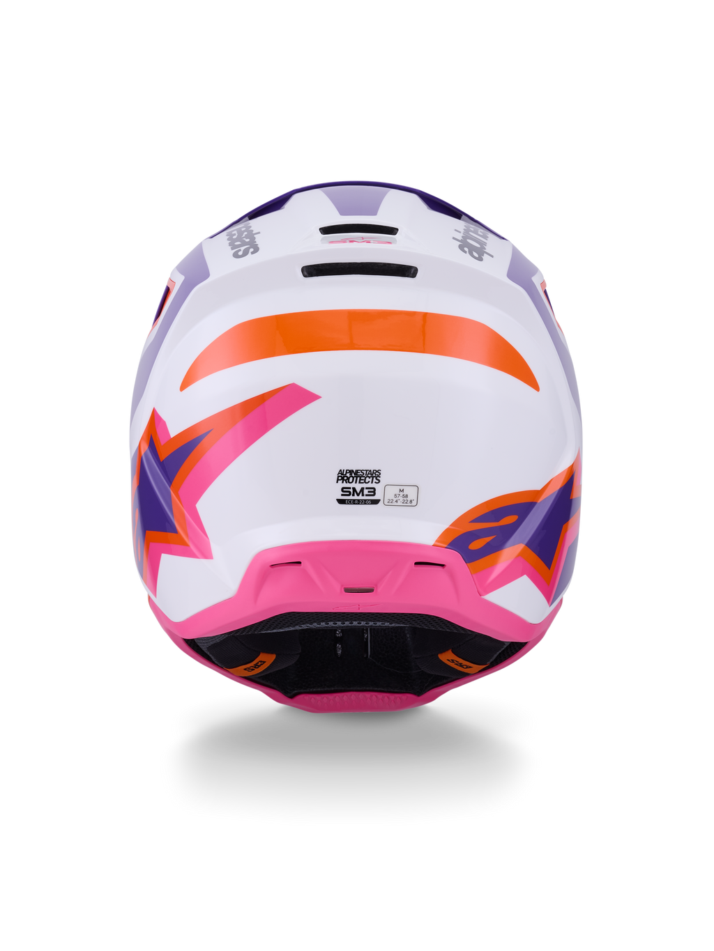 Alpinestars S-M3 Heat hjelm ECE 22.06, motocrosshjelm, set bagfra i blank hvid, lilla og lyserød med orange detaljer, markant stjerne-grafik, ventilationsåbninger bagpå og termo-indsprøjtet skaldesign til off-road racing.