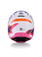 Alpinestars S-M3 Heat hjelm ECE 22.06, motocrosshjelm, set bagfra i blank hvid, lilla og lyserød med orange detaljer, markant stjerne-grafik, ventilationsåbninger bagpå og termo-indsprøjtet skaldesign til off-road racing.