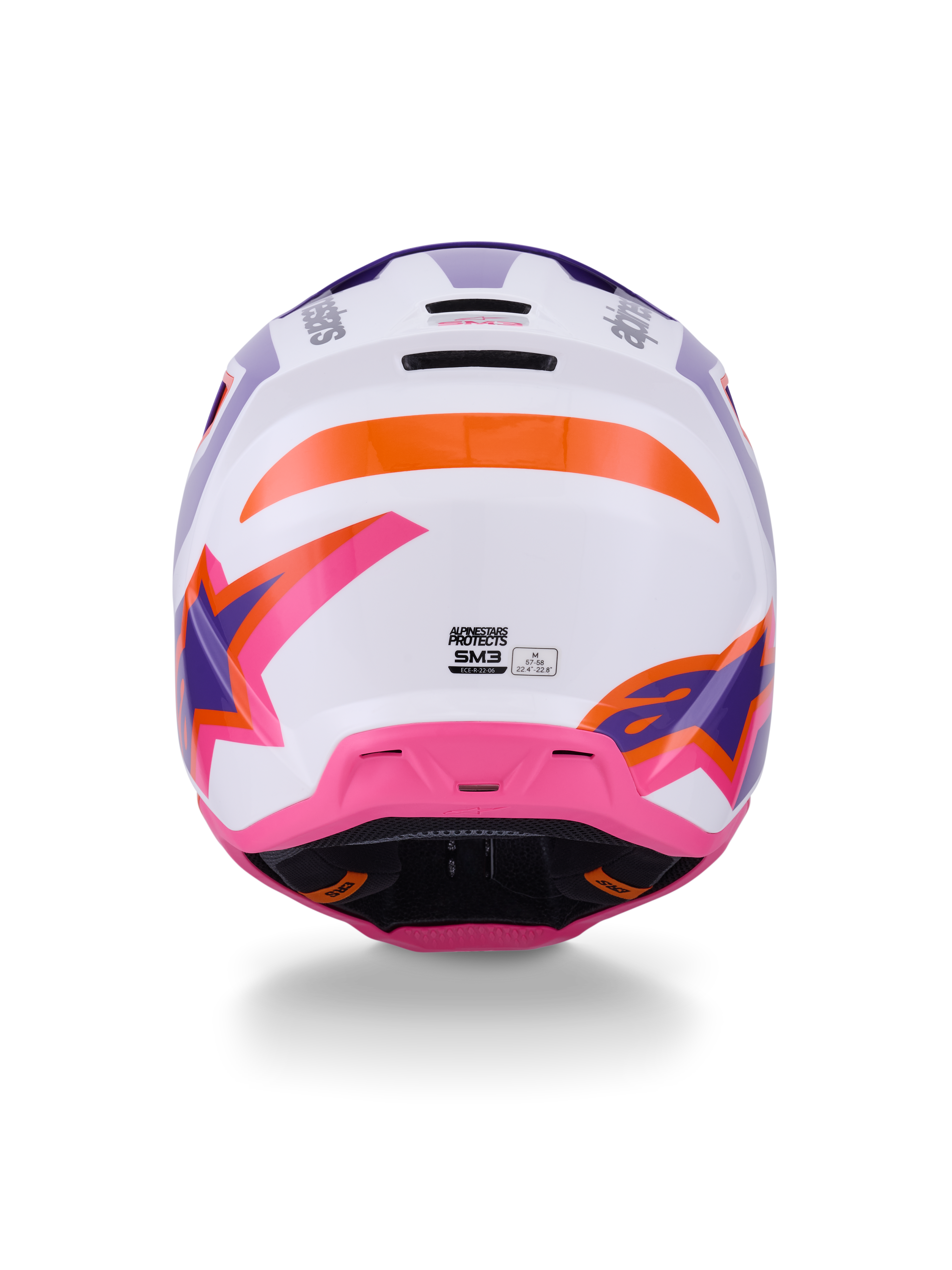 Alpinestars S-M3 Heat hjelm ECE 22.06, motocrosshjelm, set bagfra i blank hvid, lilla og lyserød med orange detaljer, markant stjerne-grafik, ventilationsåbninger bagpå og termo-indsprøjtet skaldesign til off-road racing.
