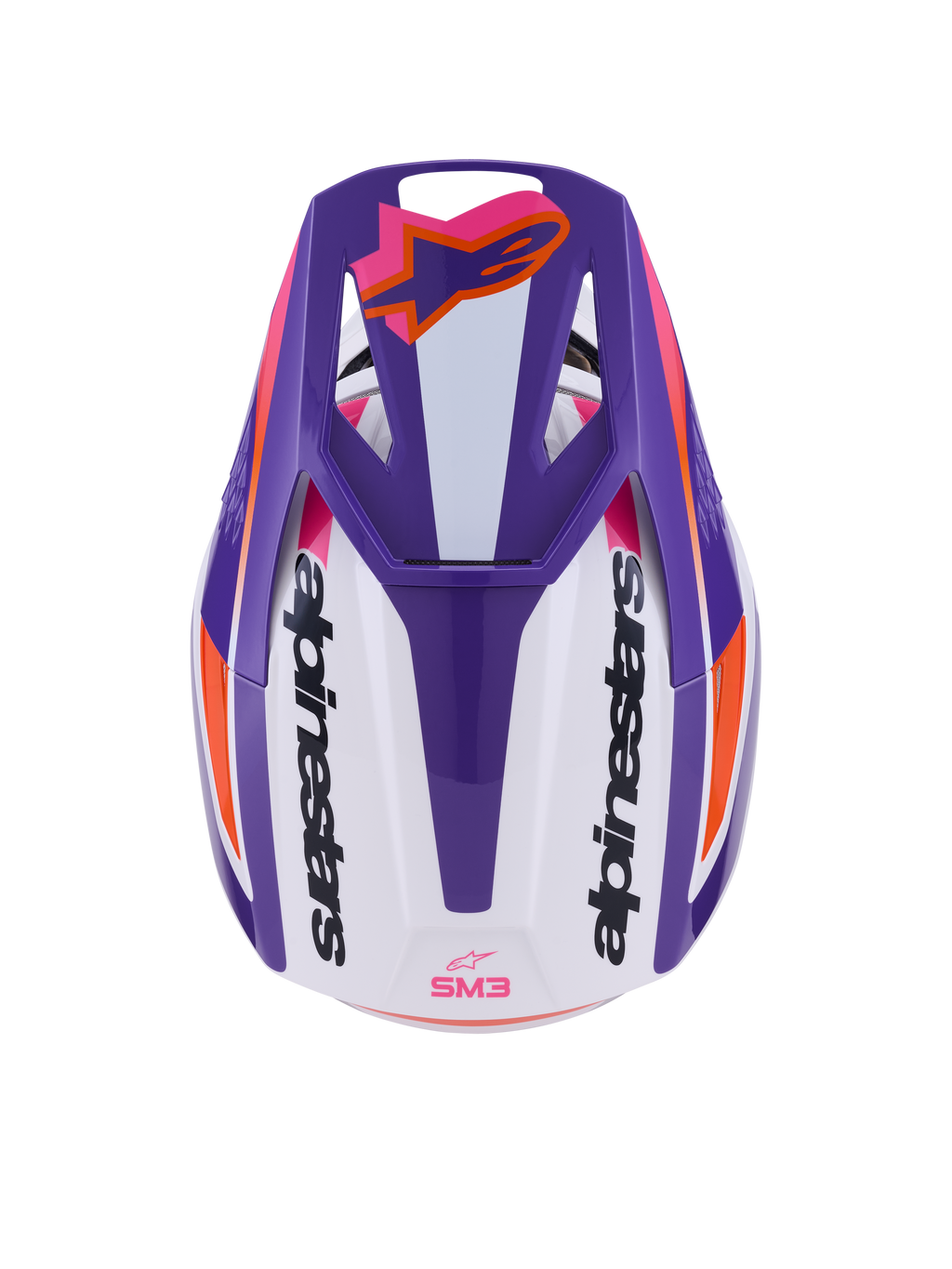 Alpinestars S-M3 Heat hjelm ECE 22.06, motocrosshjelm, blank hvid, lilla og pink, set oppefra med ventileret visir, orange Astars-logo og branding på siderne, blank finish med markant grafik