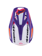 Alpinestars S-M3 Heat hjelm ECE 22.06, motocrosshjelm, blank hvid, lilla og pink, set oppefra med ventileret visir, orange Astars-logo og branding på siderne, blank finish med markant grafik