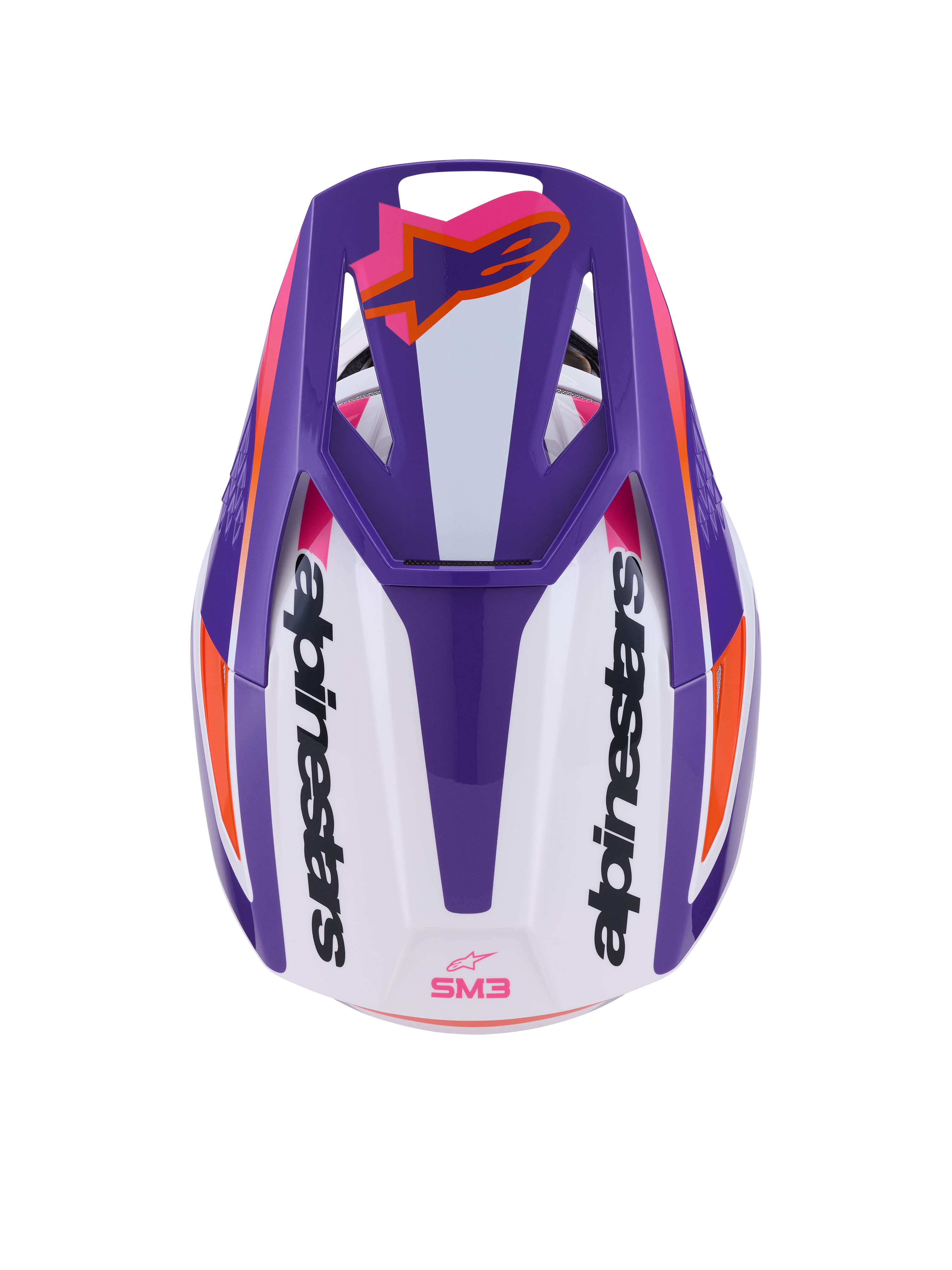 Alpinestars S-M3 Heat hjelm ECE 22.06, motocrosshjelm, blank hvid, lilla og pink, set oppefra med ventileret visir, orange Astars-logo og branding på siderne, blank finish med markant grafik