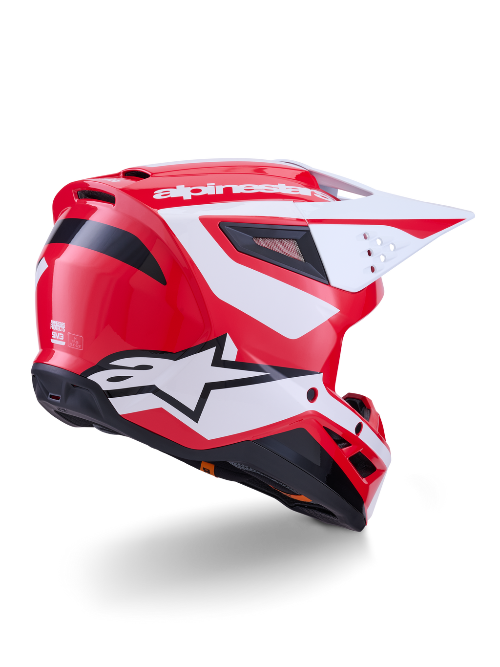 Alpinestars S-M3 Heat motocrosshjelm, blank rød, hvid og sort, ECE 22.06-certificeret, set bagfra i trekvart profil.