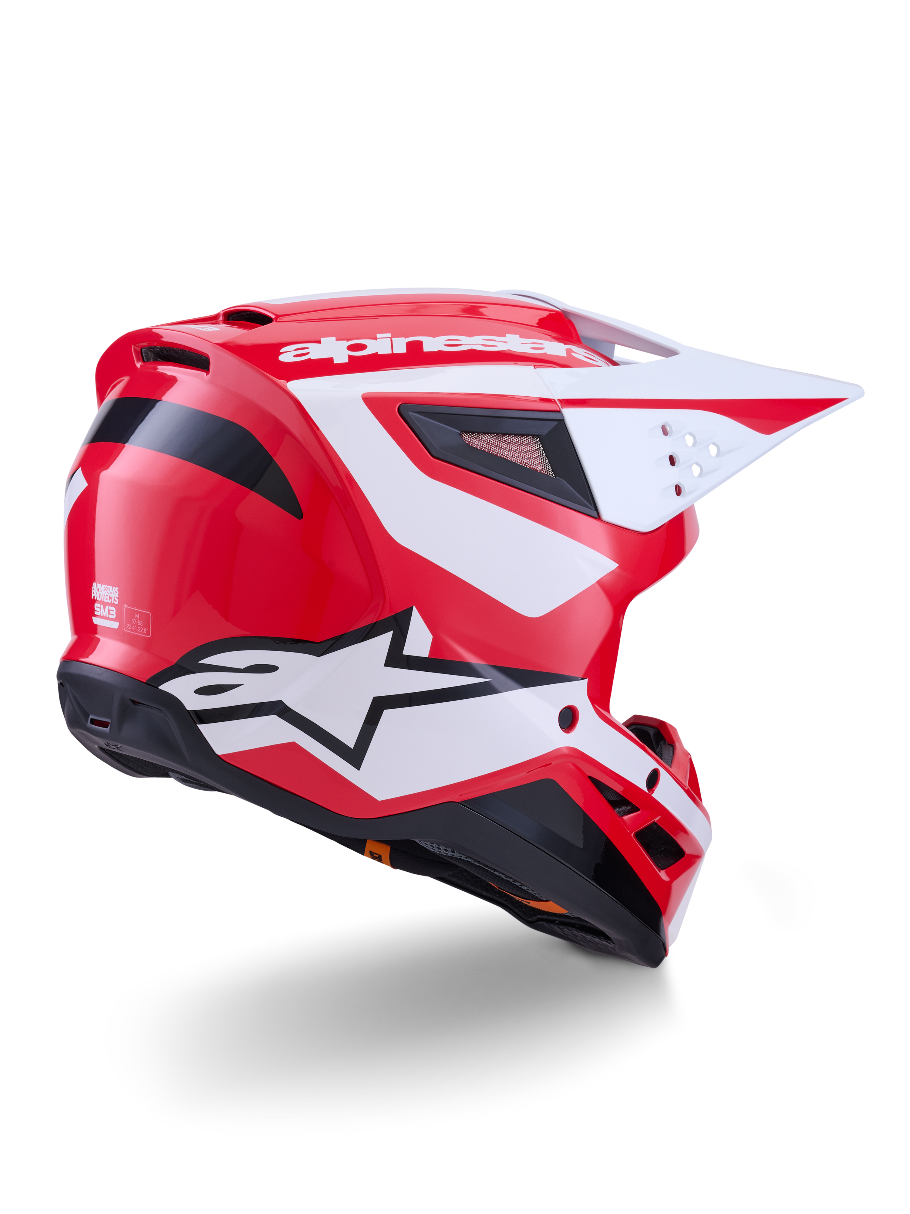 Alpinestars S-M3 Heat motocrosshjelm, blank rød, hvid og sort, ECE 22.06-certificeret, set bagfra i trekvart profil.