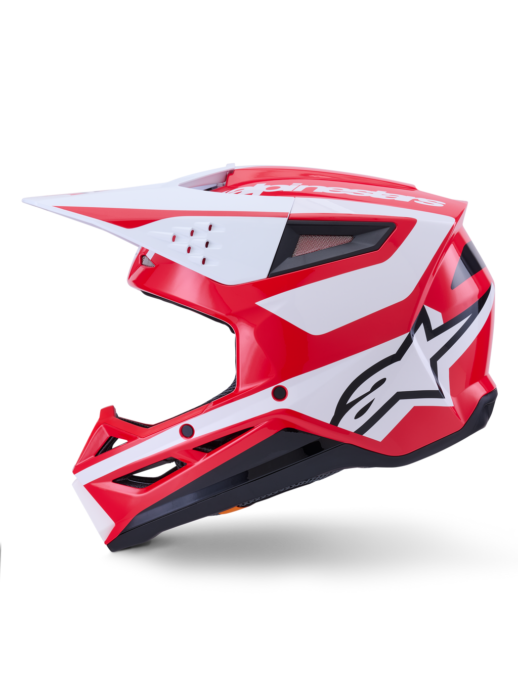 Alpinestars S-M3 Heat-hjelm, rød og hvid blank motocross-hjelm til off-road, ECE-certificeret, sideprofil.