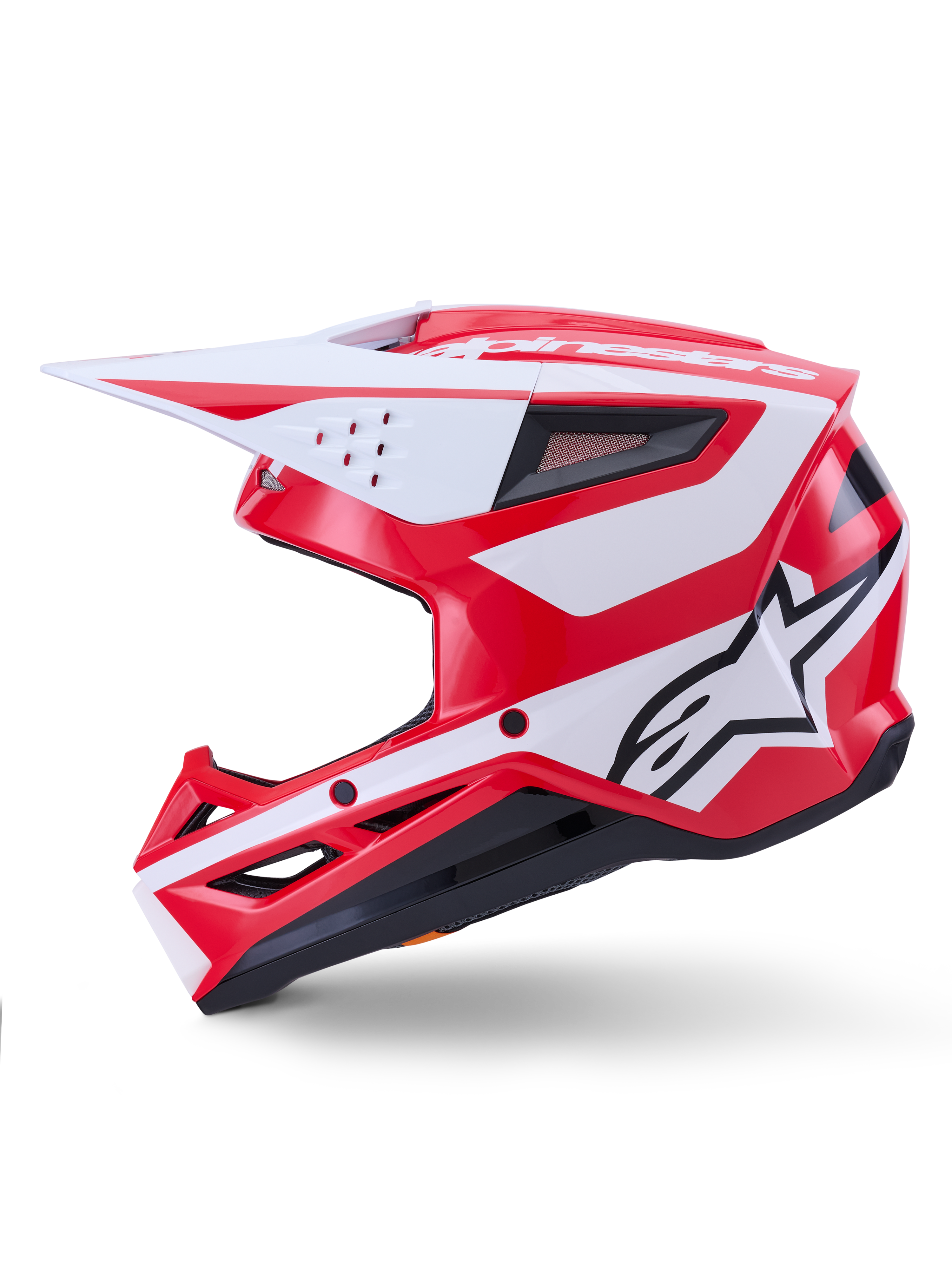Alpinestars S-M3 Heat-hjelm, rød og hvid blank motocross-hjelm til off-road, ECE-certificeret, sideprofil.