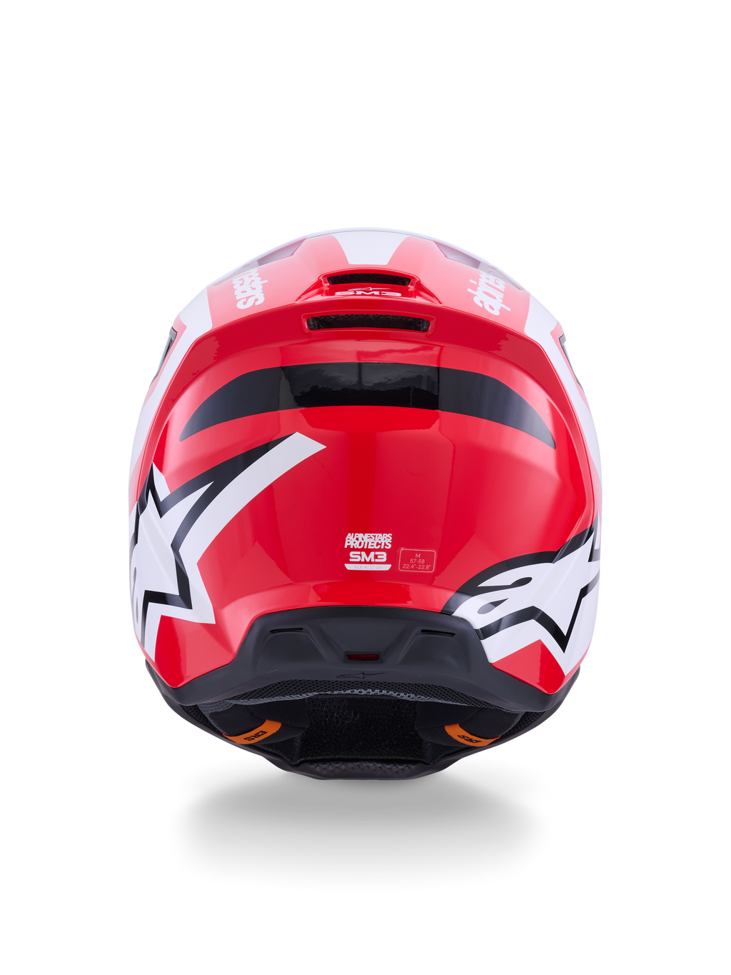 Alpinestars S-M3 Heat motocrosshjelm, blank rød og hvid, set bagfra med stjernelogoer og integrerede udluftningsporte.