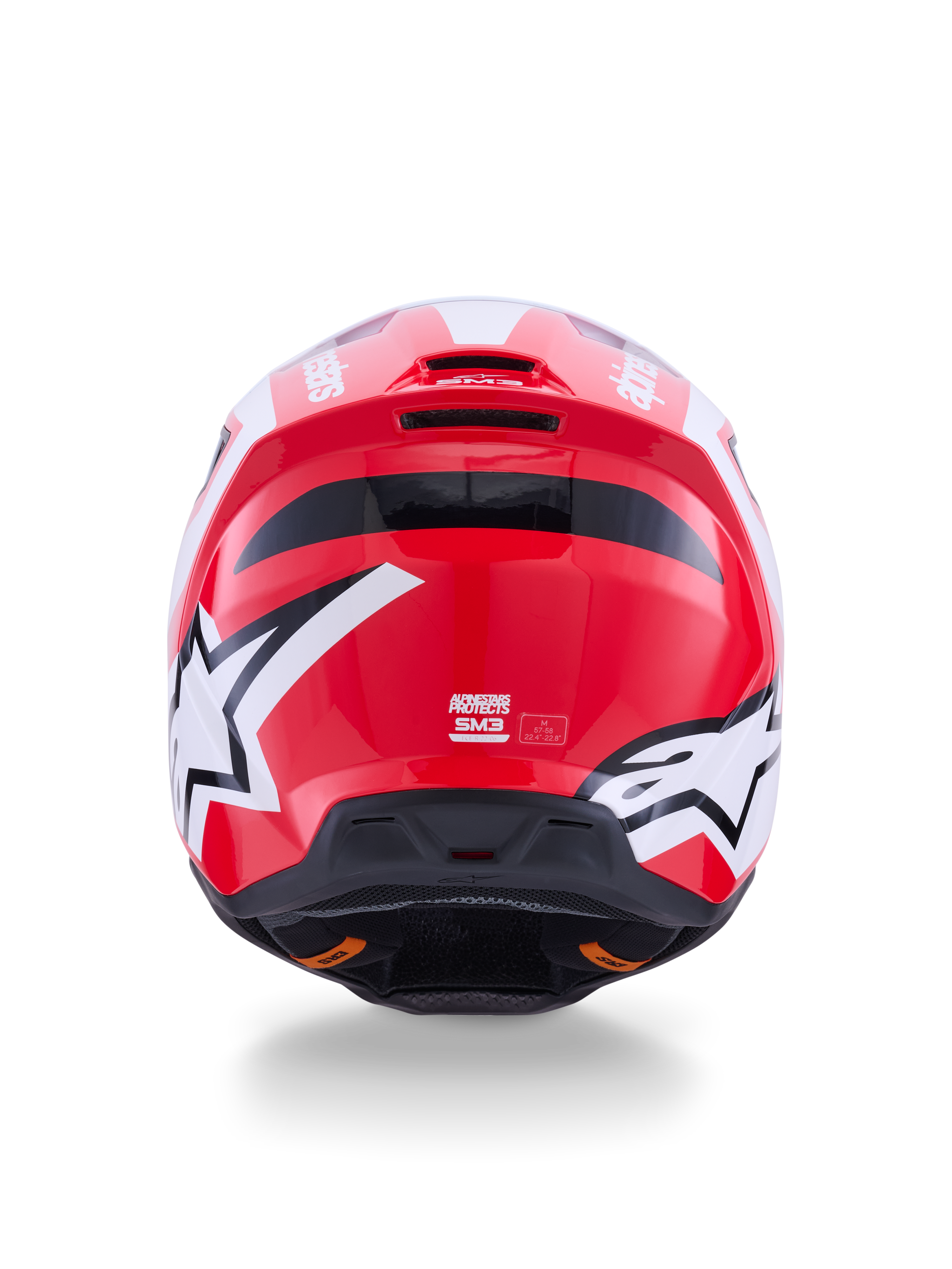 Alpinestars S-M3 Heat motocrosshjelm, blank rød og hvid, set bagfra med stjernelogoer og integrerede udluftningsporte.