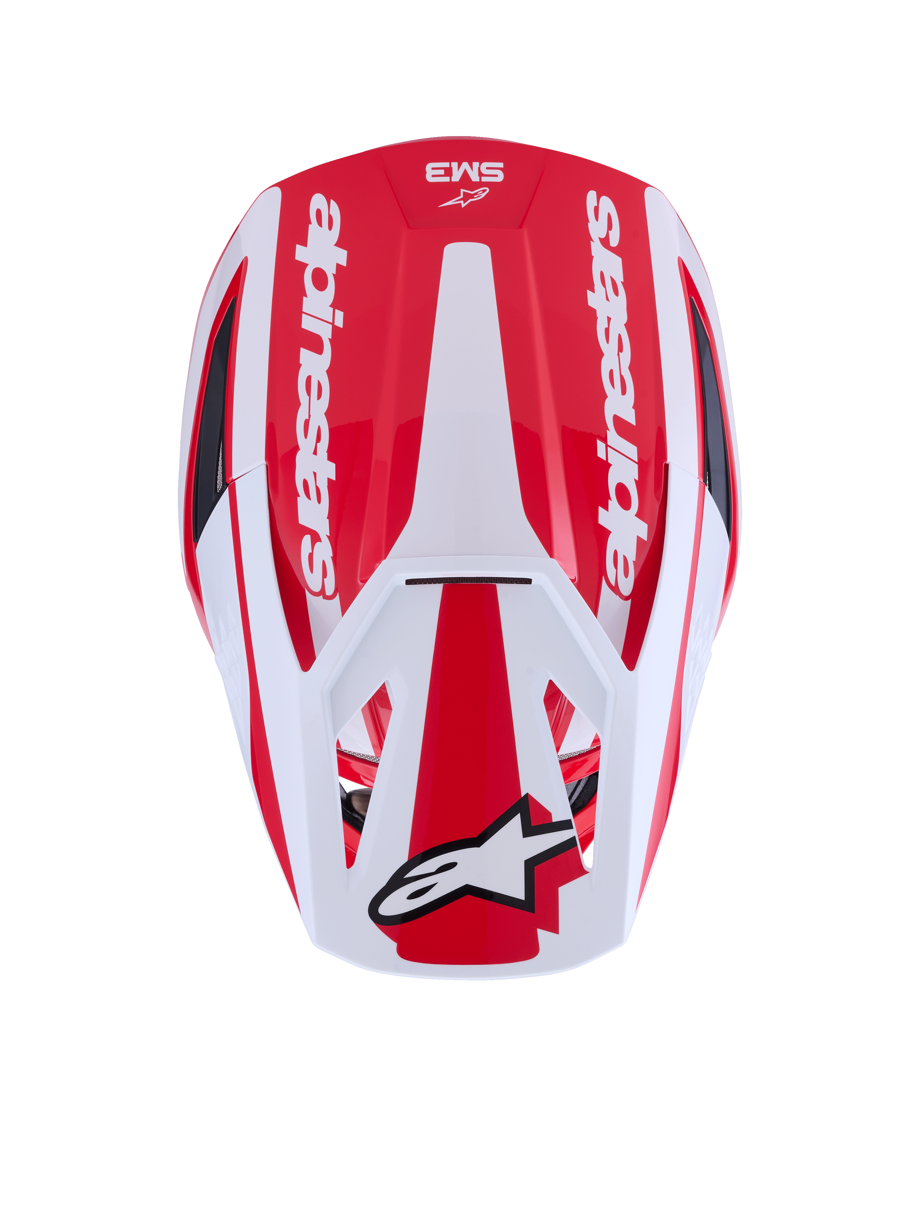 Alpinestars S-M3 Heat hjelm, rød og hvid motocrosshjelm, ECE 22.06-certificeret, aerodynamisk skal set oppefra.