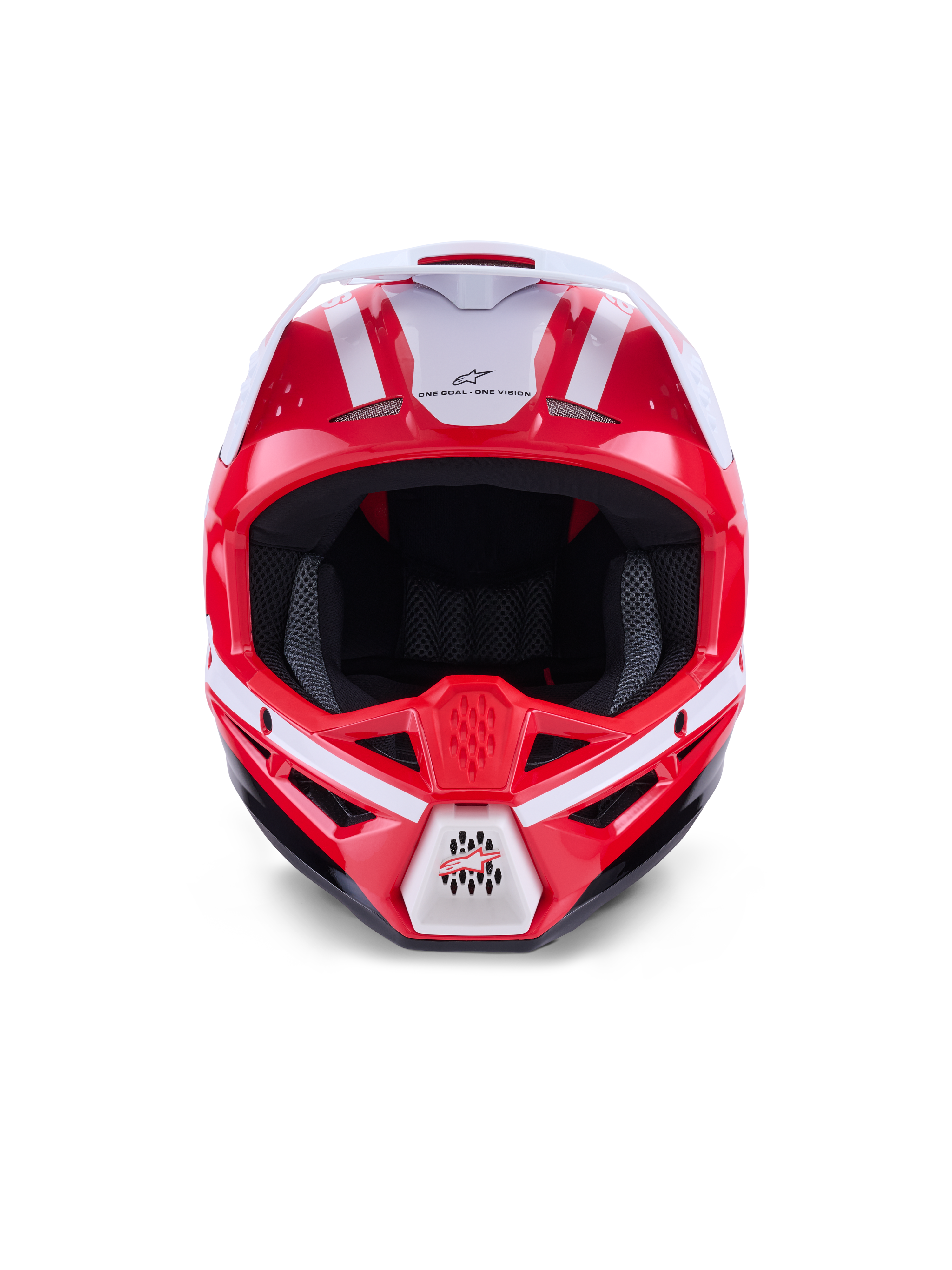 Alpinestars S-M3 Heat hjelm, motocrosshjelm til off-road, rød og hvid, ECE 22.06-certificeret, detaljeret frontvisning.